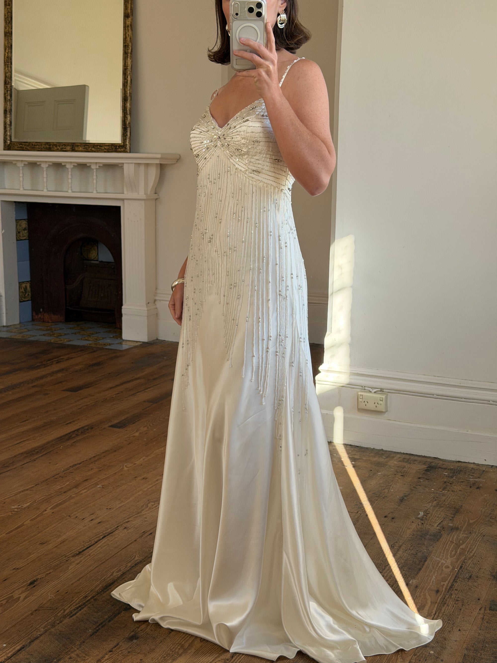 Vintage 90s Italian Silk Satin Beaded Fringe Haute Couture Dress with Train
