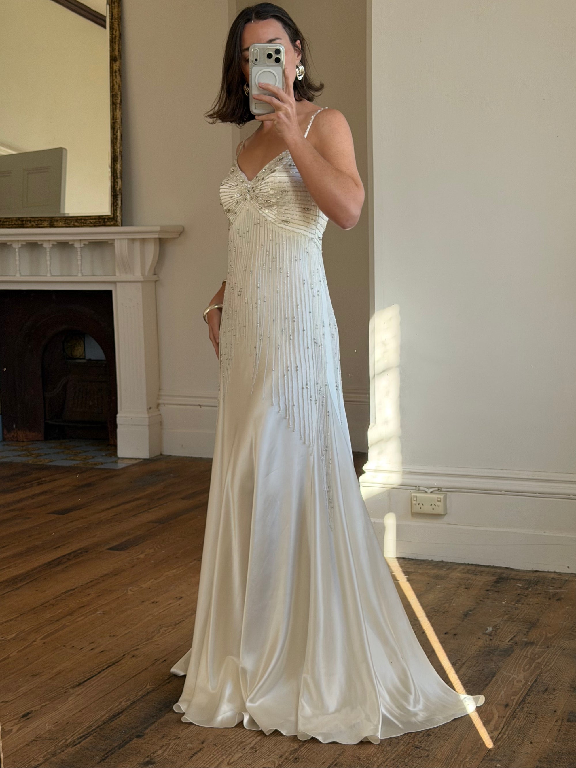 Vintage 90s Italian Silk Satin Beaded Fringe Haute Couture Dress with Train