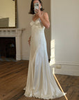 Vintage 90s Italian Silk Satin Beaded Fringe Haute Couture Dress with Train