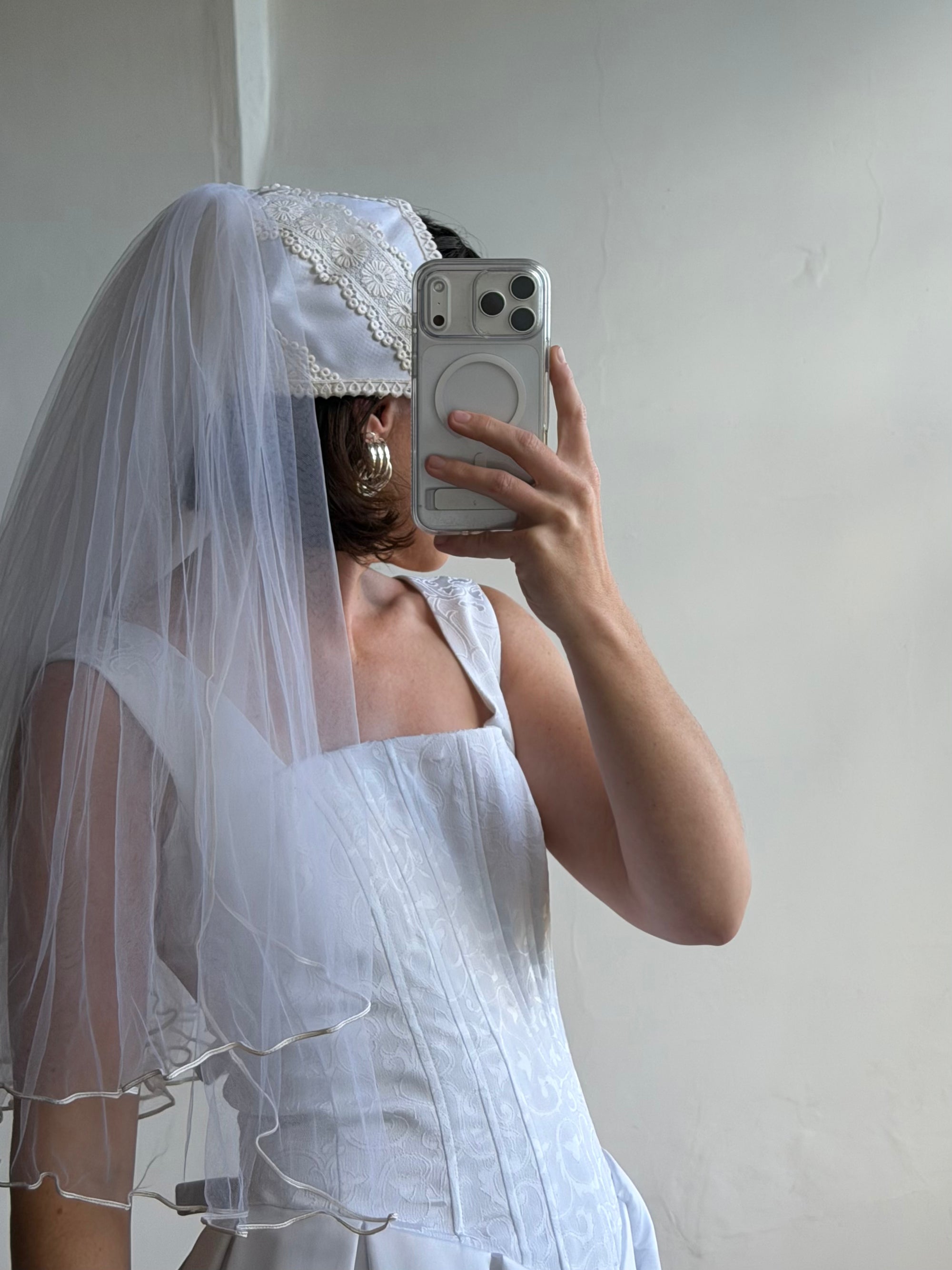 Vintage 90s Boned Jacquard Basque Waist Wedding Dress White