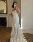 Vintage 90s Italian Silk Satin Beaded Fringe Haute Couture Dress with Train