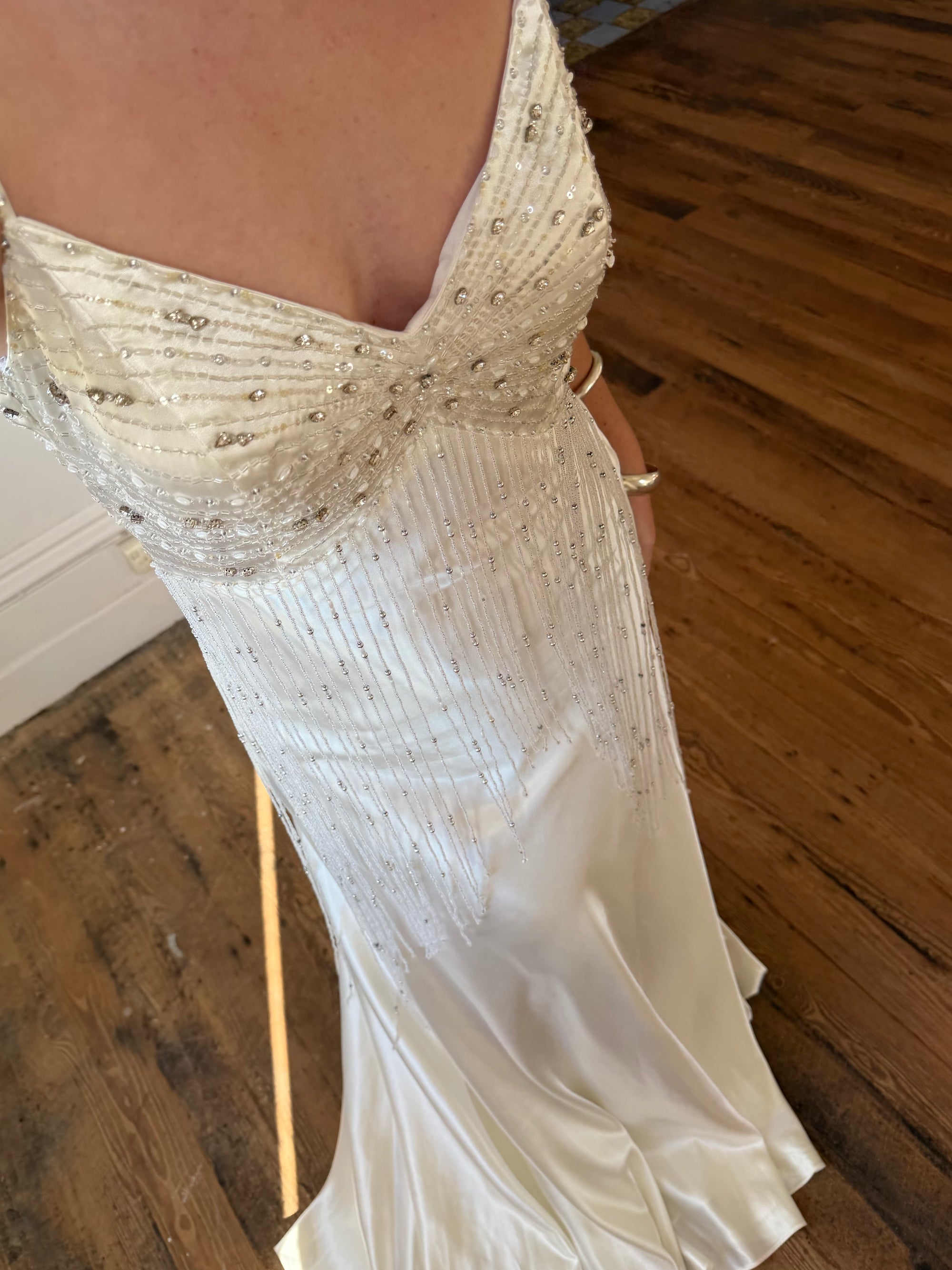 Vintage 90s Italian Silk Satin Beaded Fringe Haute Couture Dress with Train