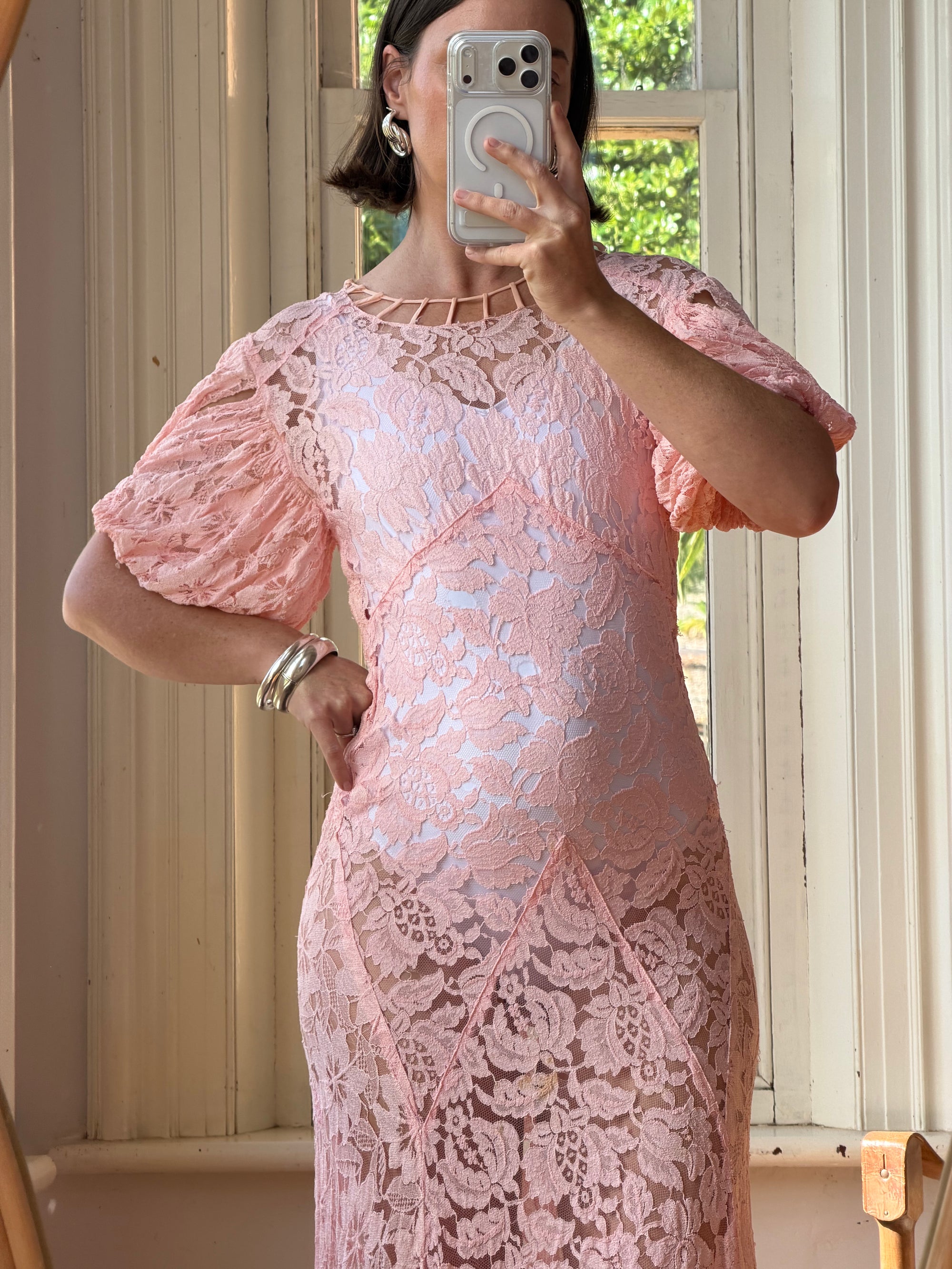 Vintage 40s Lattice Pink Lace Bias Gown
