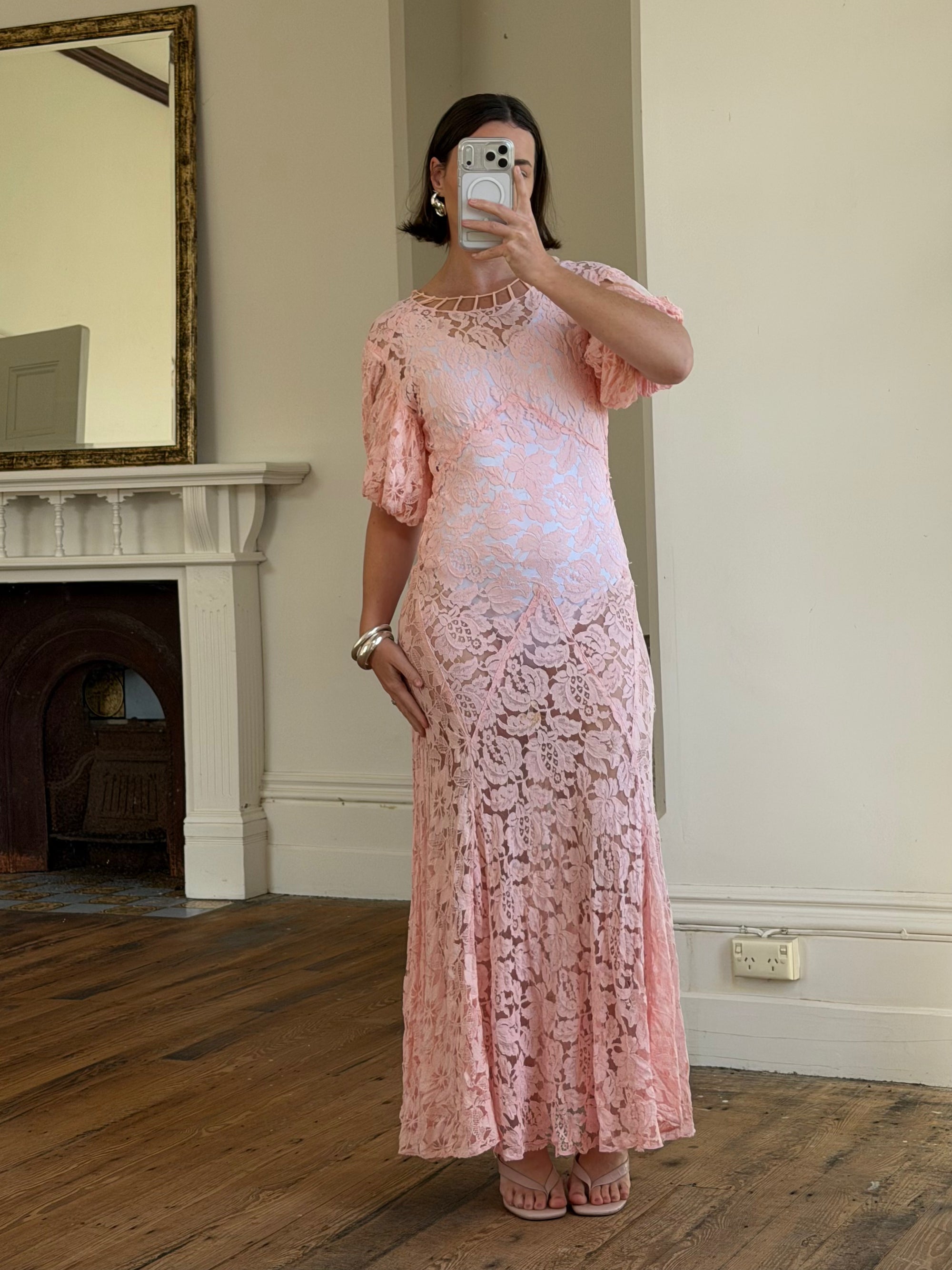 Vintage 40s Lattice Pink Lace Bias Gown