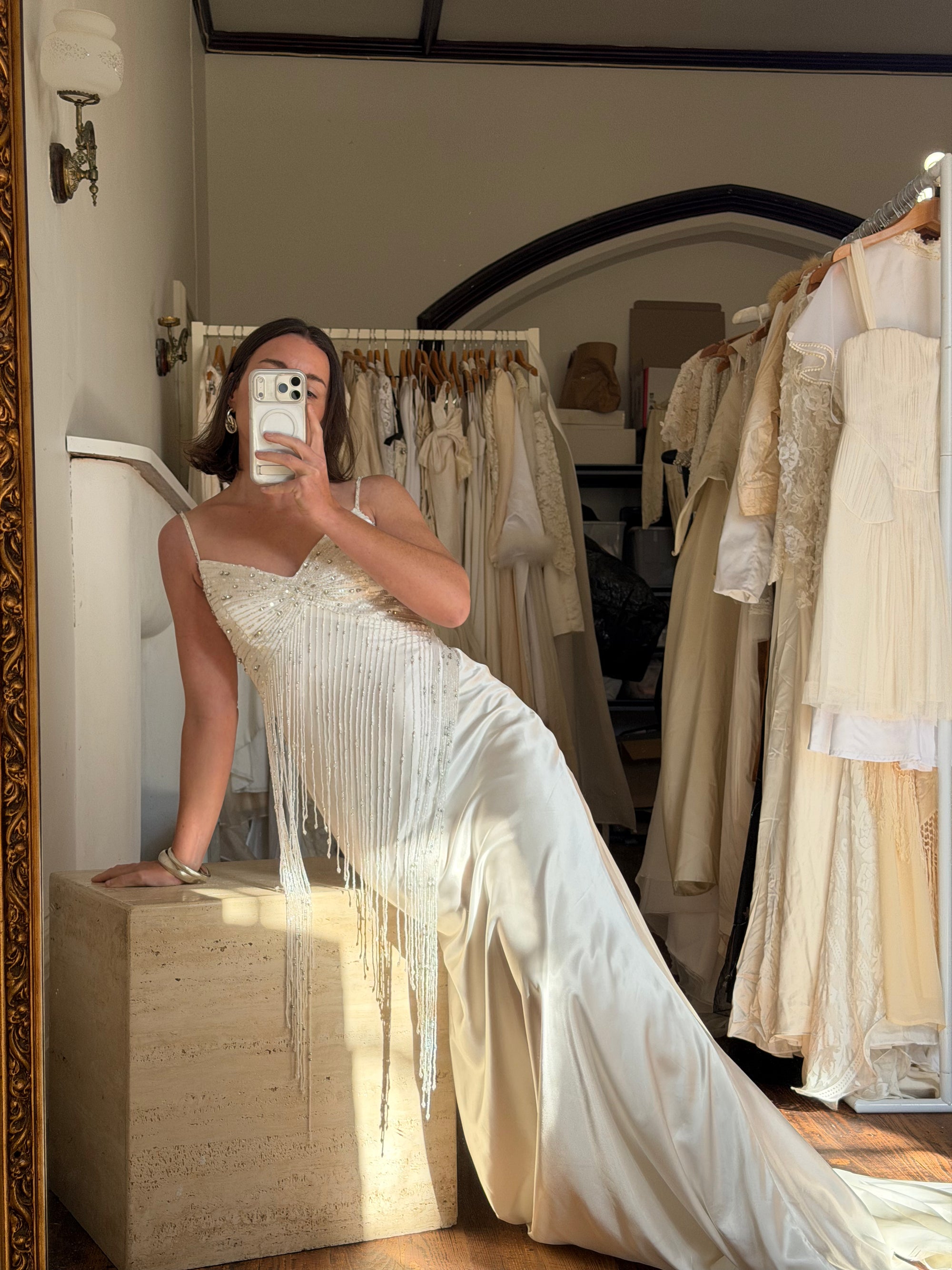 Vintage 90s Italian Silk Satin Beaded Fringe Haute Couture Dress with Train