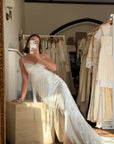 Vintage 90s Italian Silk Satin Beaded Fringe Haute Couture Dress with Train