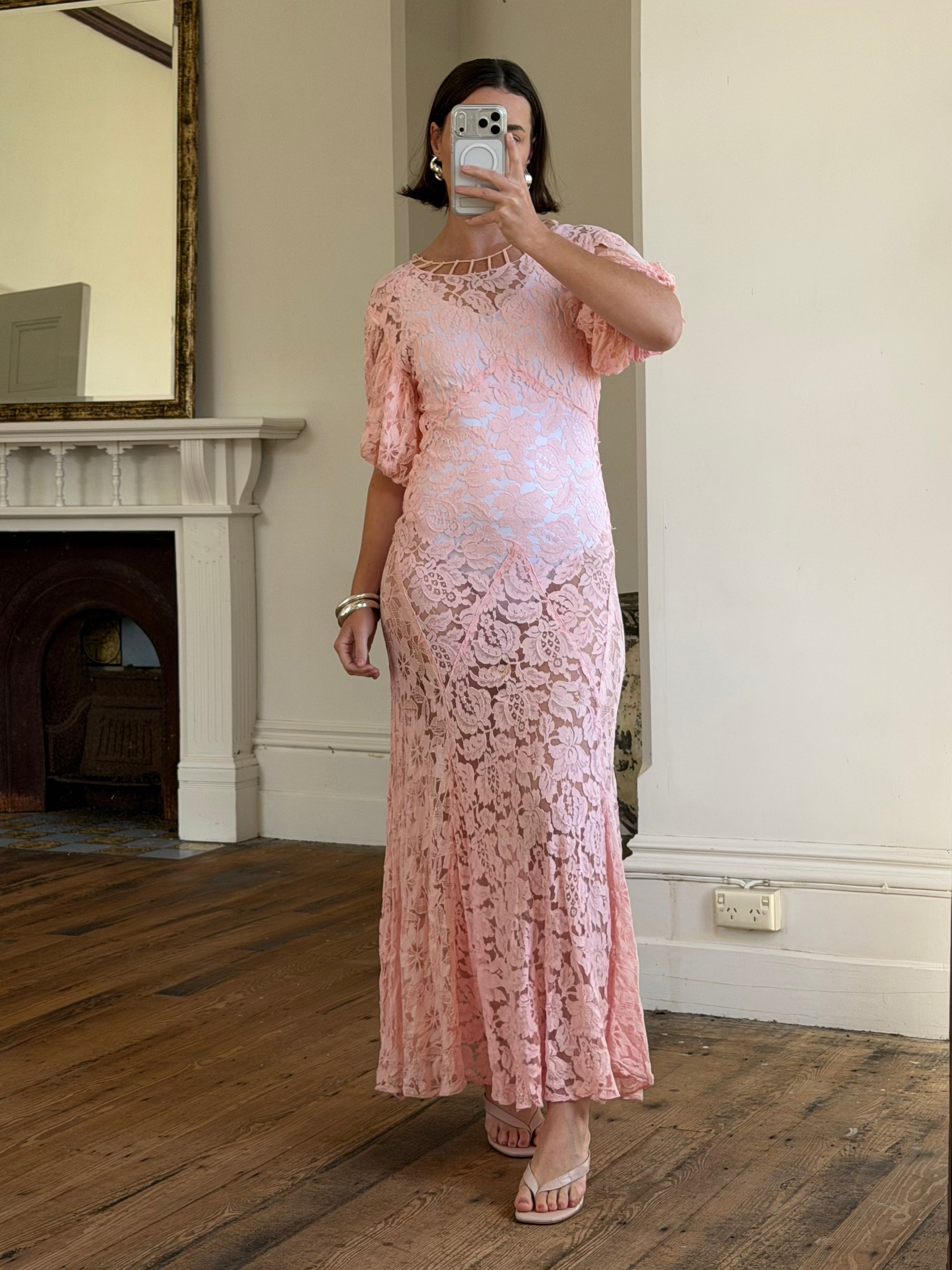 Vintage 40s Lattice Pink Lace Bias Gown