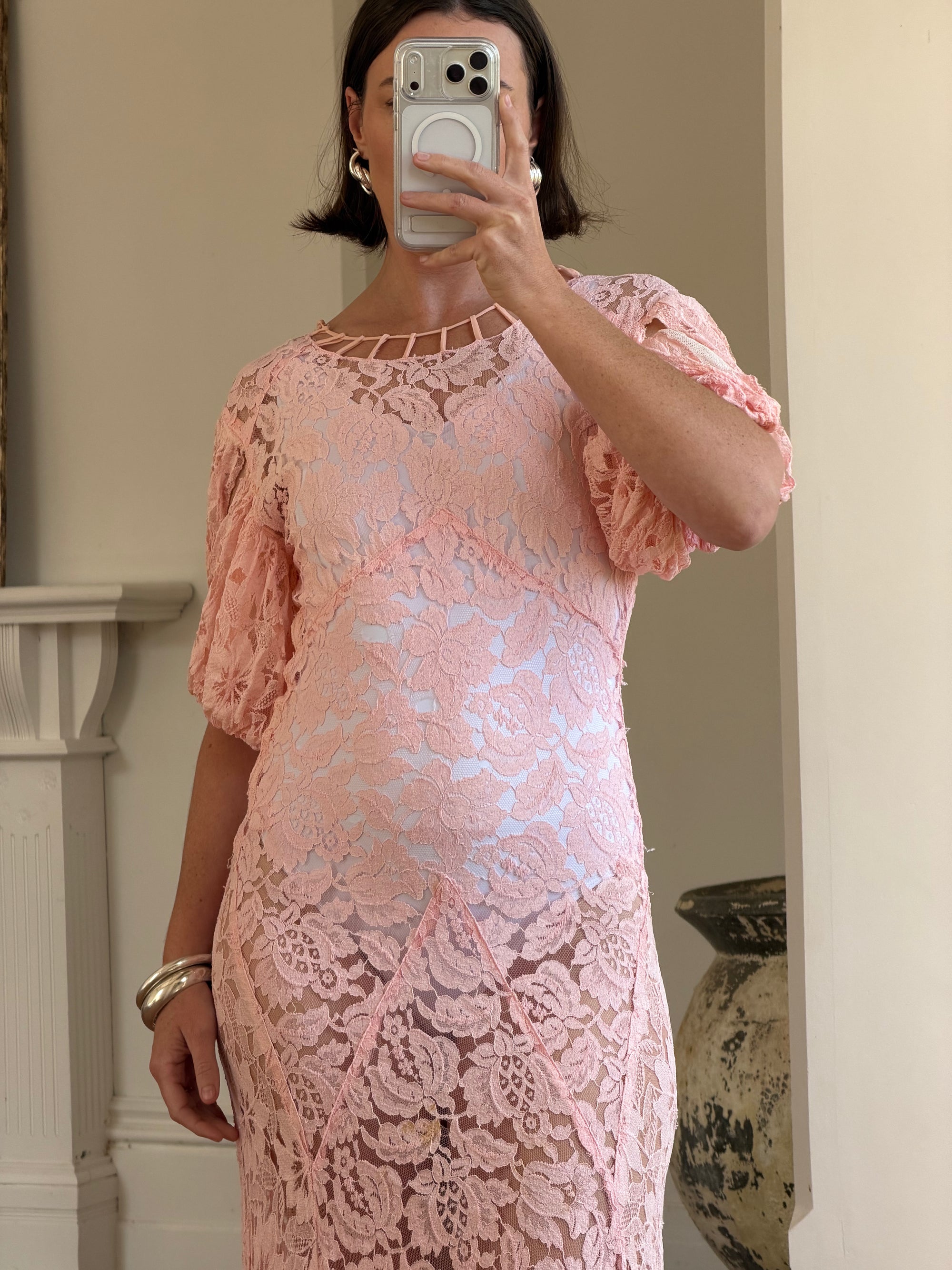 Vintage 40s Lattice Pink Lace Bias Gown
