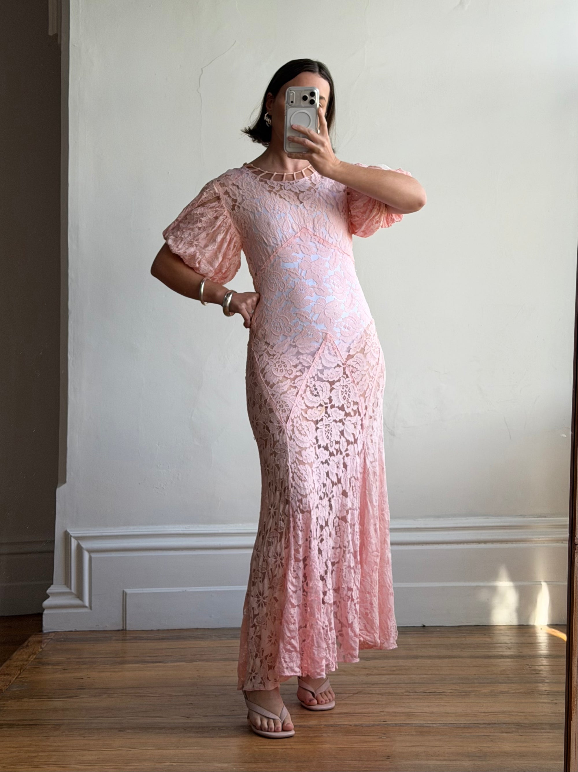 Vintage 40s Lattice Pink Lace Bias Gown