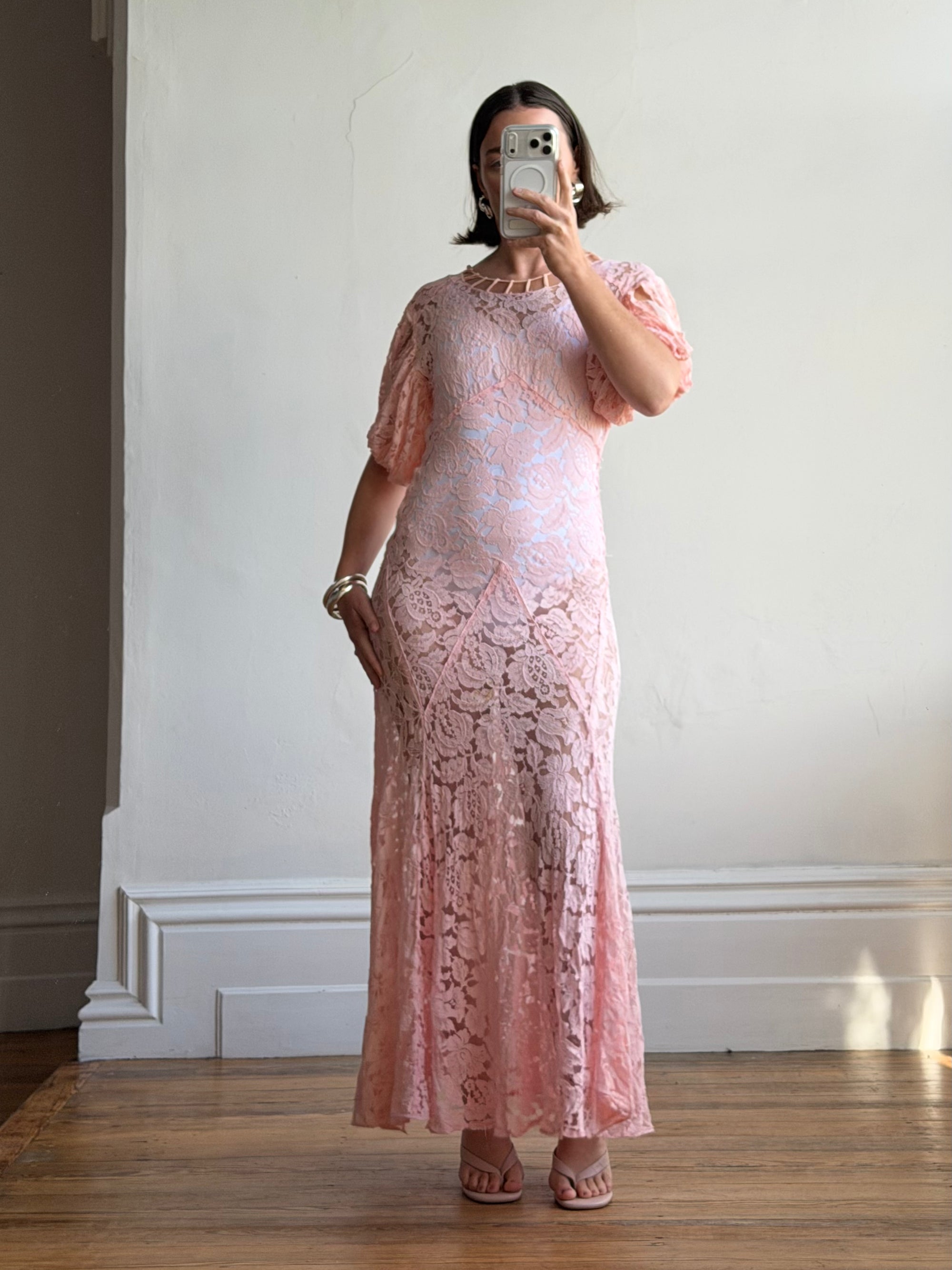 Vintage 40s Lattice Pink Lace Bias Gown