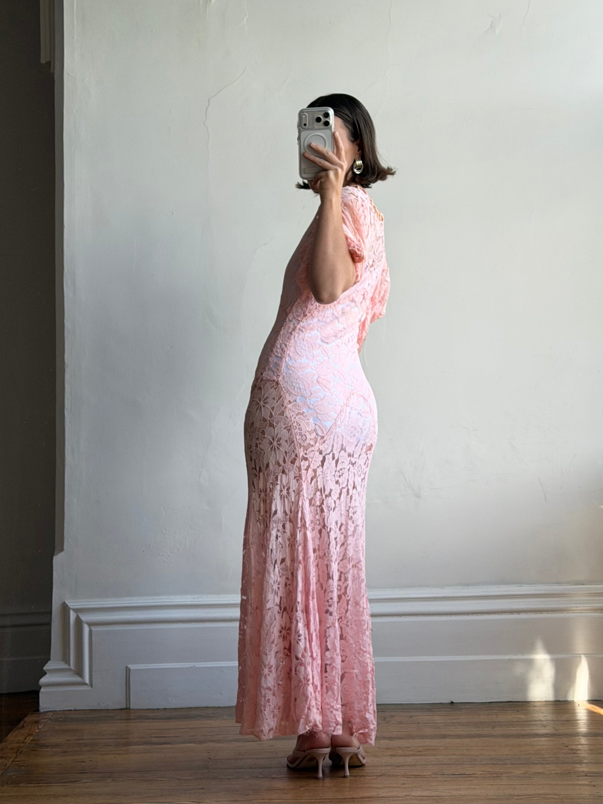 Vintage 40s Lattice Pink Lace Bias Gown
