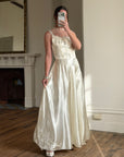 Vintage 40s Liquid Satin Sleeveless Floral Wedding Dress