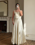 Vintage 40s Liquid Satin Sleeveless Floral Wedding Dress