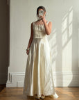 Vintage 40s Liquid Satin Sleeveless Floral Wedding Dress