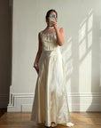 Vintage 40s Liquid Satin Sleeveless Floral Wedding Dress
