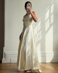 Vintage 40s Liquid Satin Sleeveless Floral Wedding Dress
