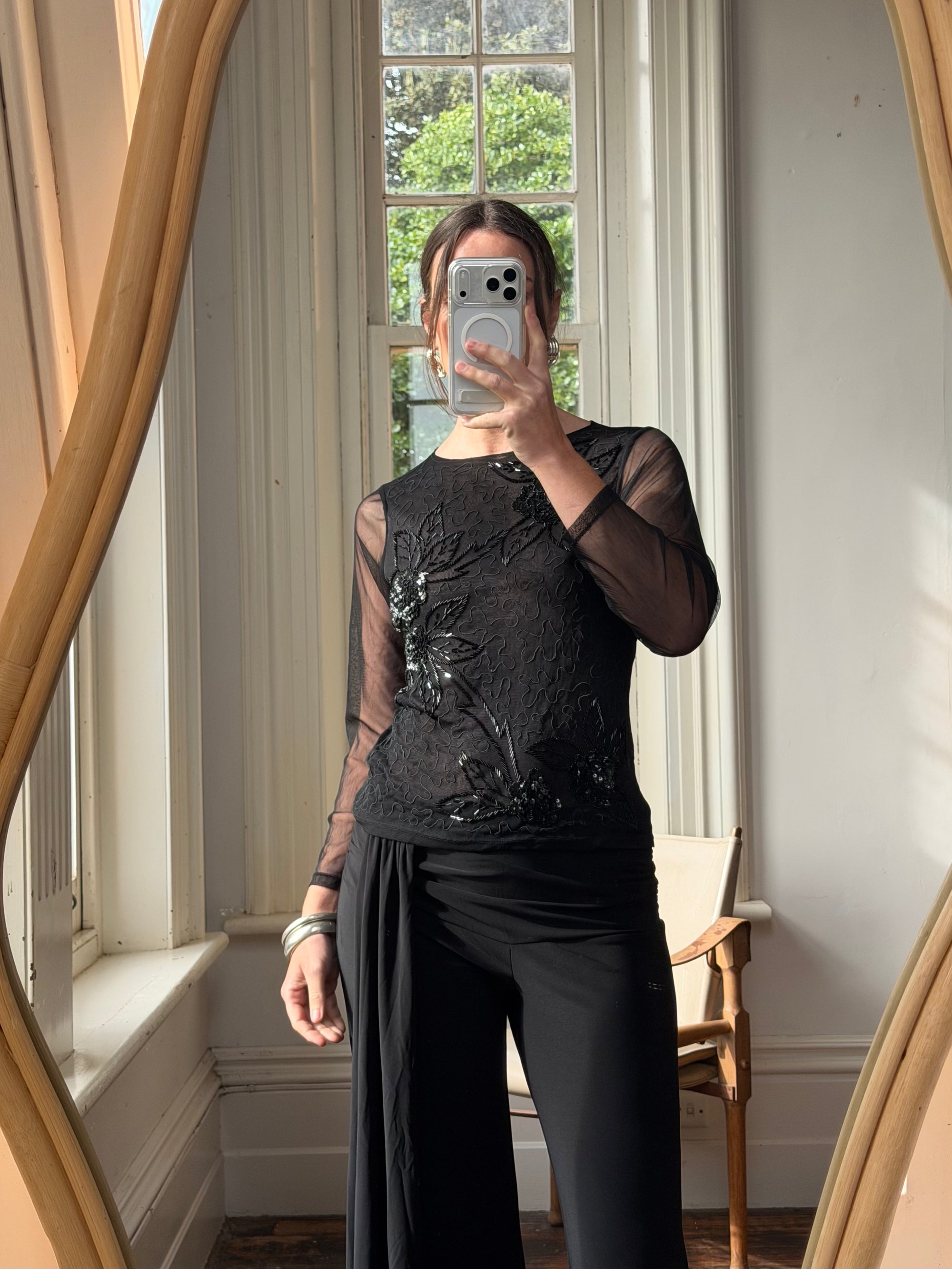 Vintage Beaded Sheer Floral Embroidered Long Sleeved Top