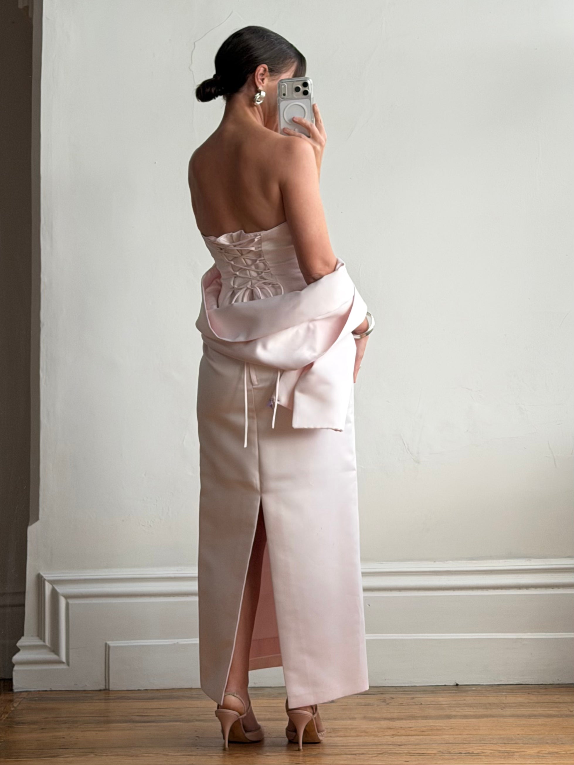 Vintage 90s Satin Lace Up Prom Dress Baby Pink