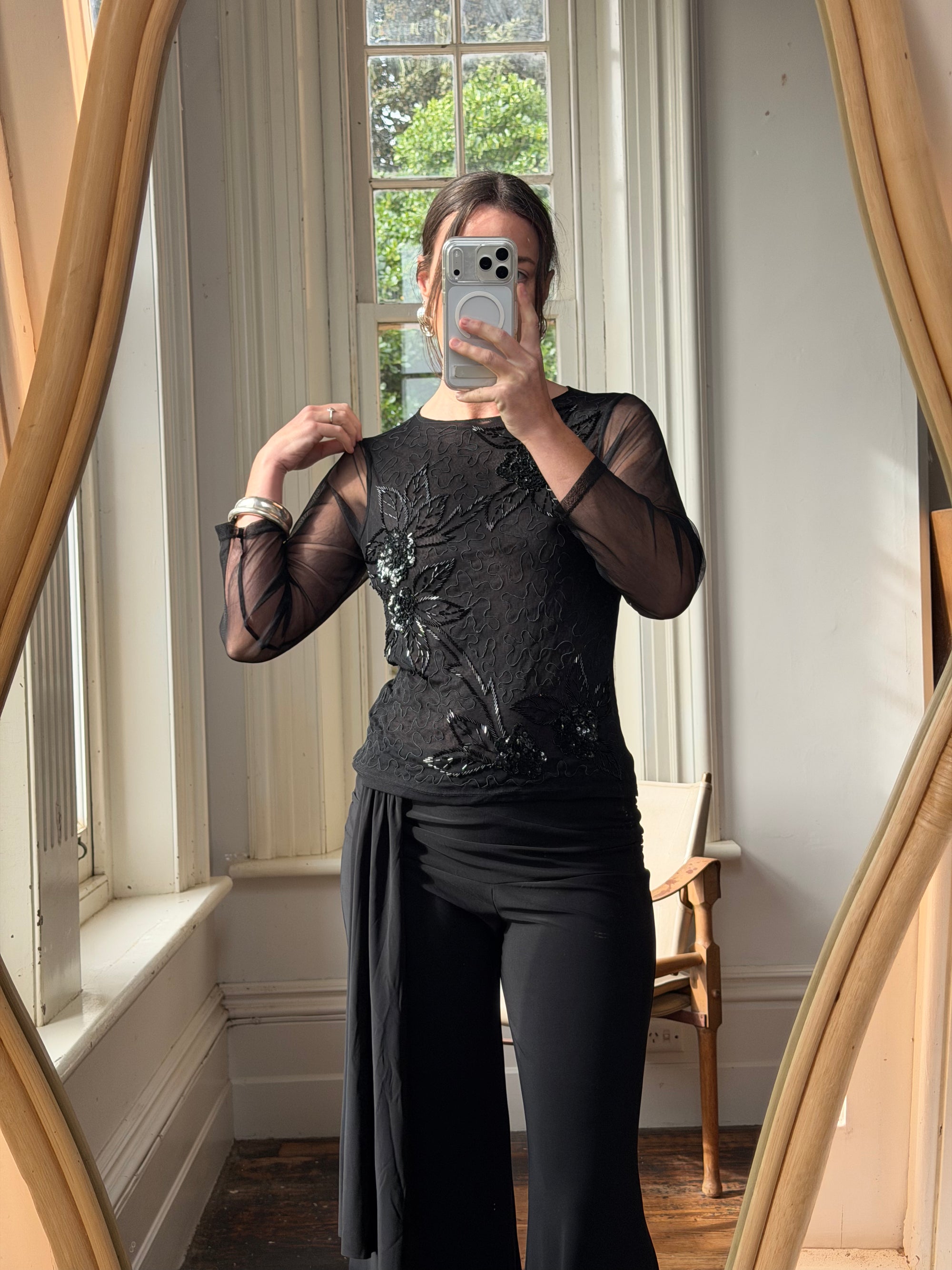 Vintage Beaded Sheer Floral Embroidered Long Sleeved Top