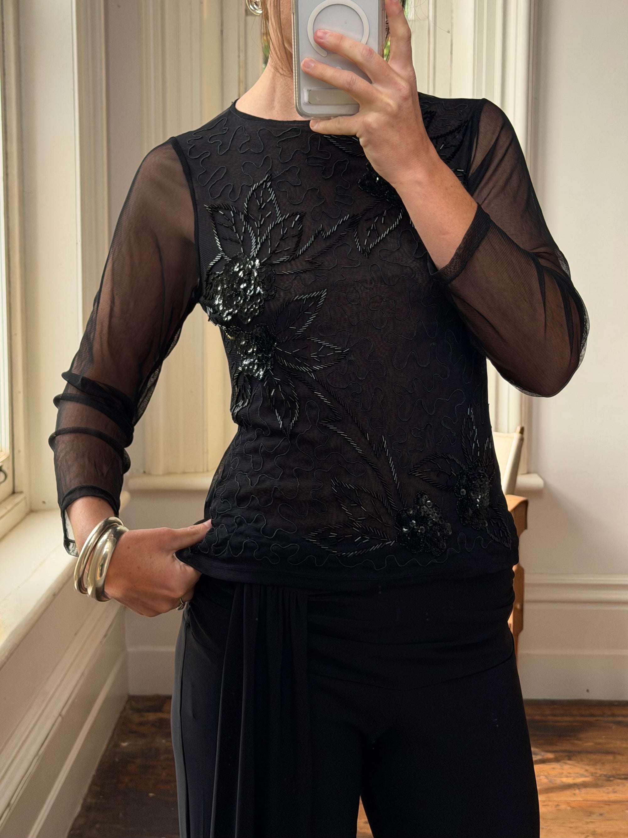 Vintage Beaded Sheer Floral Embroidered Long Sleeved Top