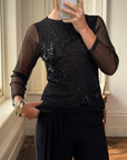 Vintage Beaded Sheer Floral Embroidered Long Sleeved Top