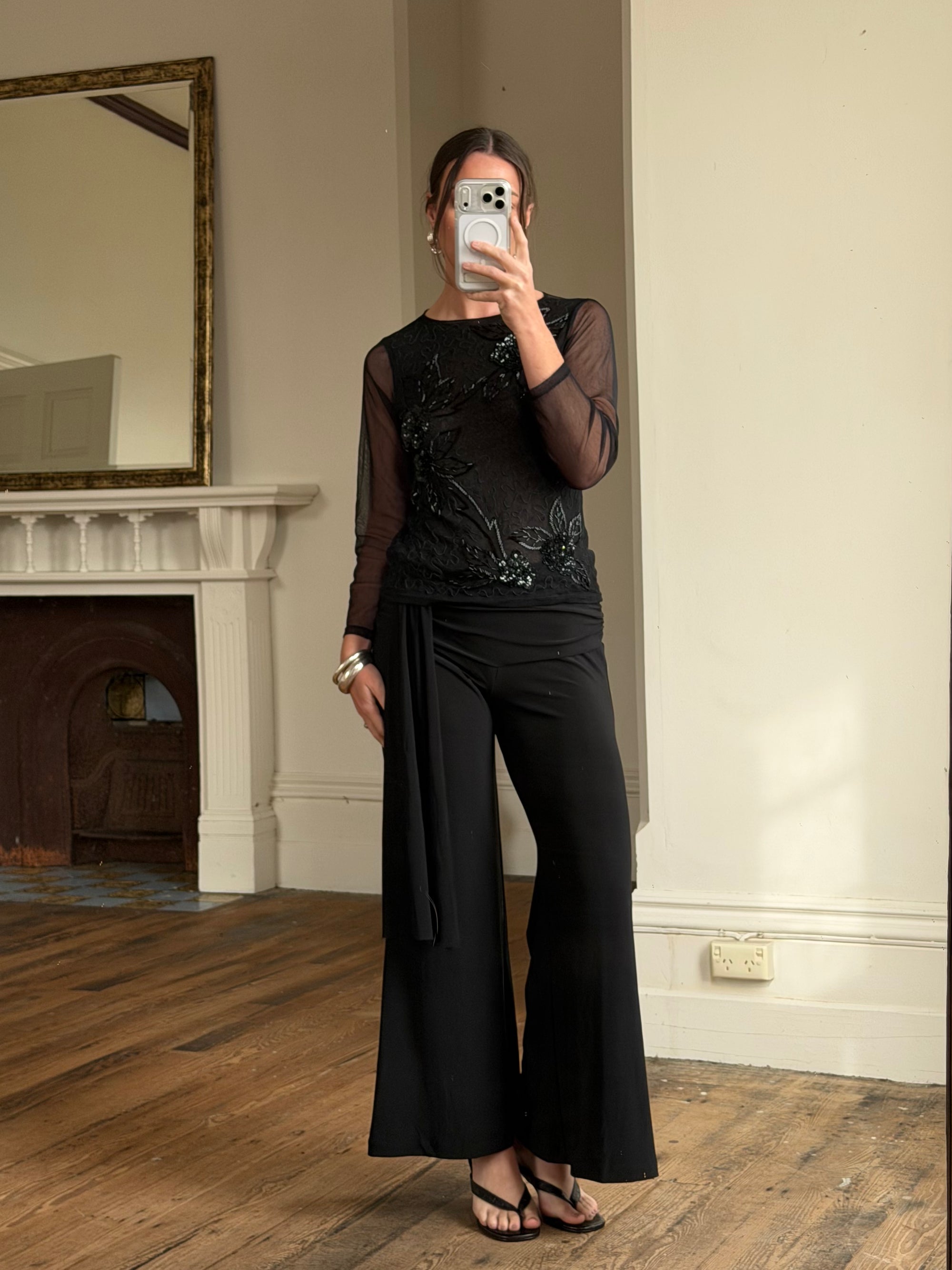 Vintage Beaded Sheer Floral Embroidered Long Sleeved Top