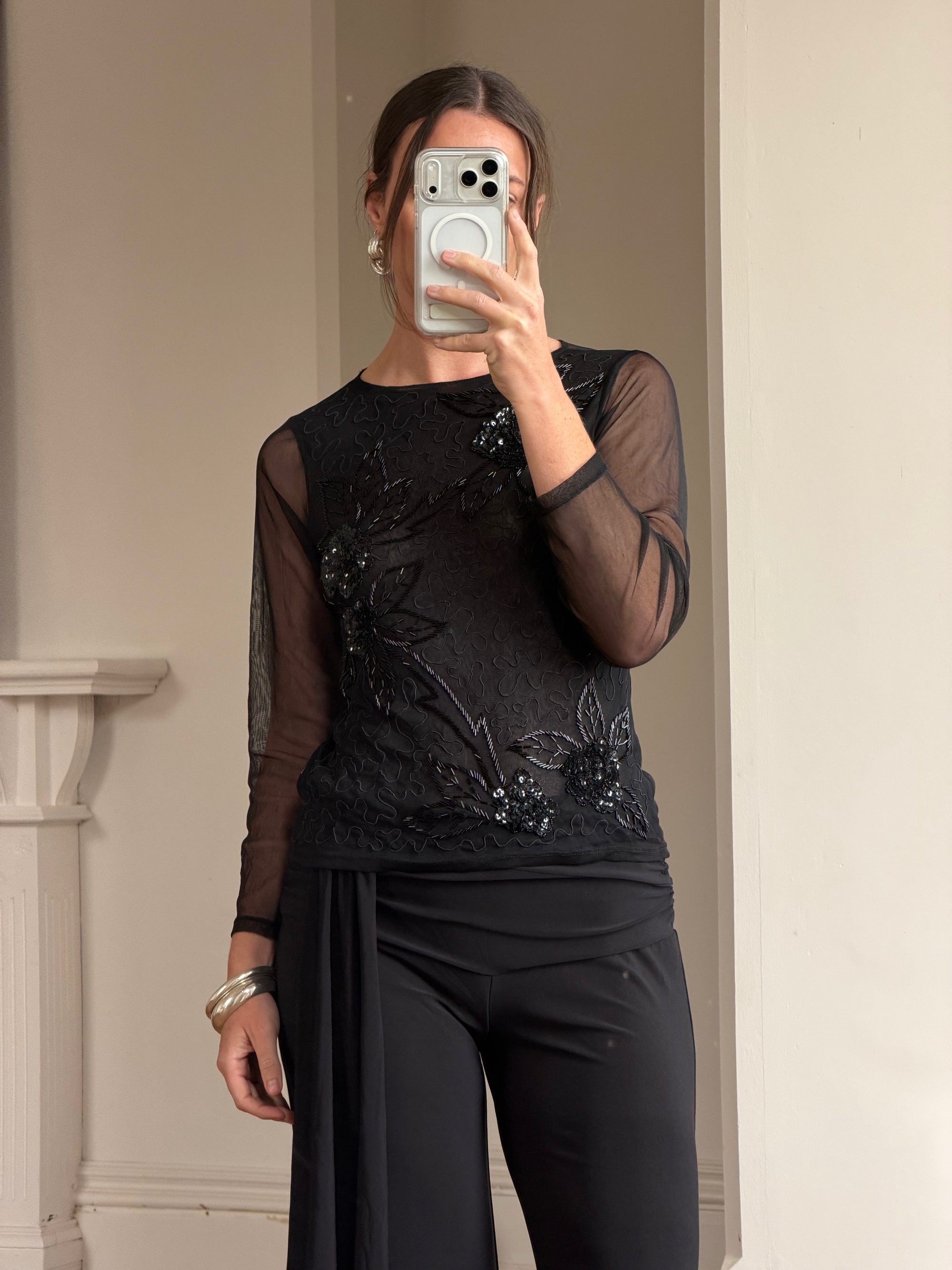 Vintage Beaded Sheer Floral Embroidered Long Sleeved Top