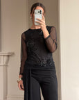 Vintage Beaded Sheer Floral Embroidered Long Sleeved Top