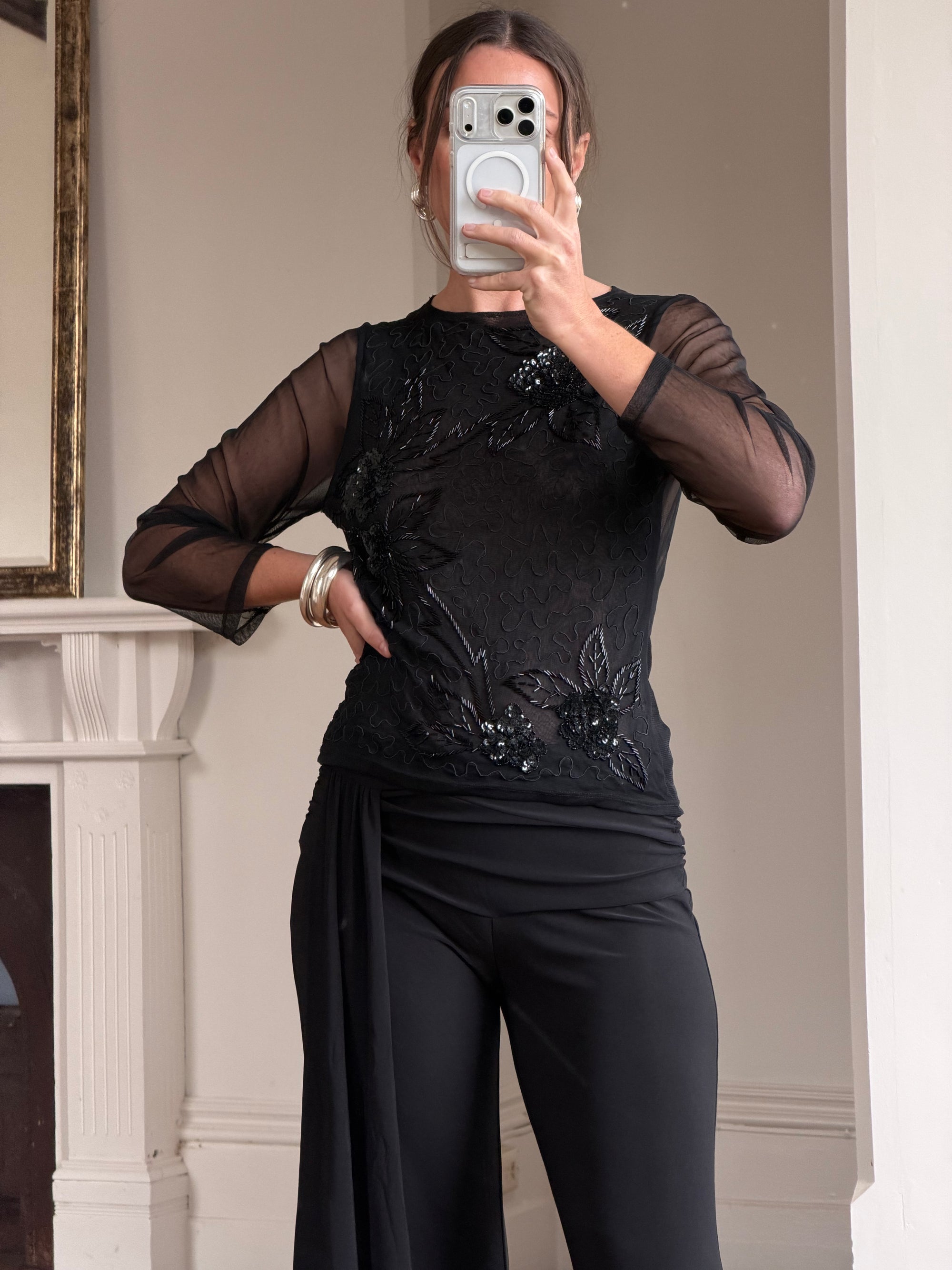 Vintage Beaded Sheer Floral Embroidered Long Sleeved Top