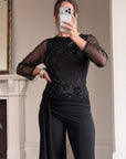 Vintage Beaded Sheer Floral Embroidered Long Sleeved Top