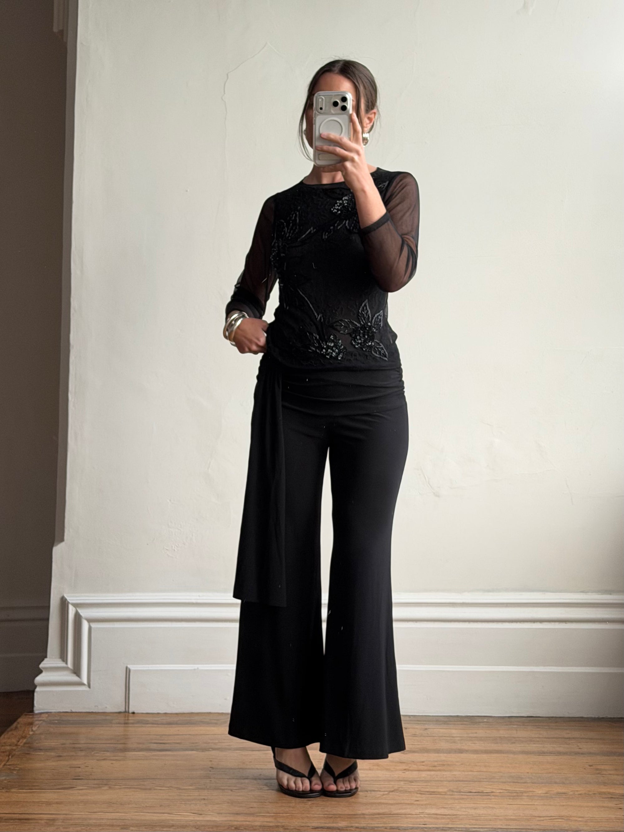 Vintage Beaded Sheer Floral Embroidered Long Sleeved Top