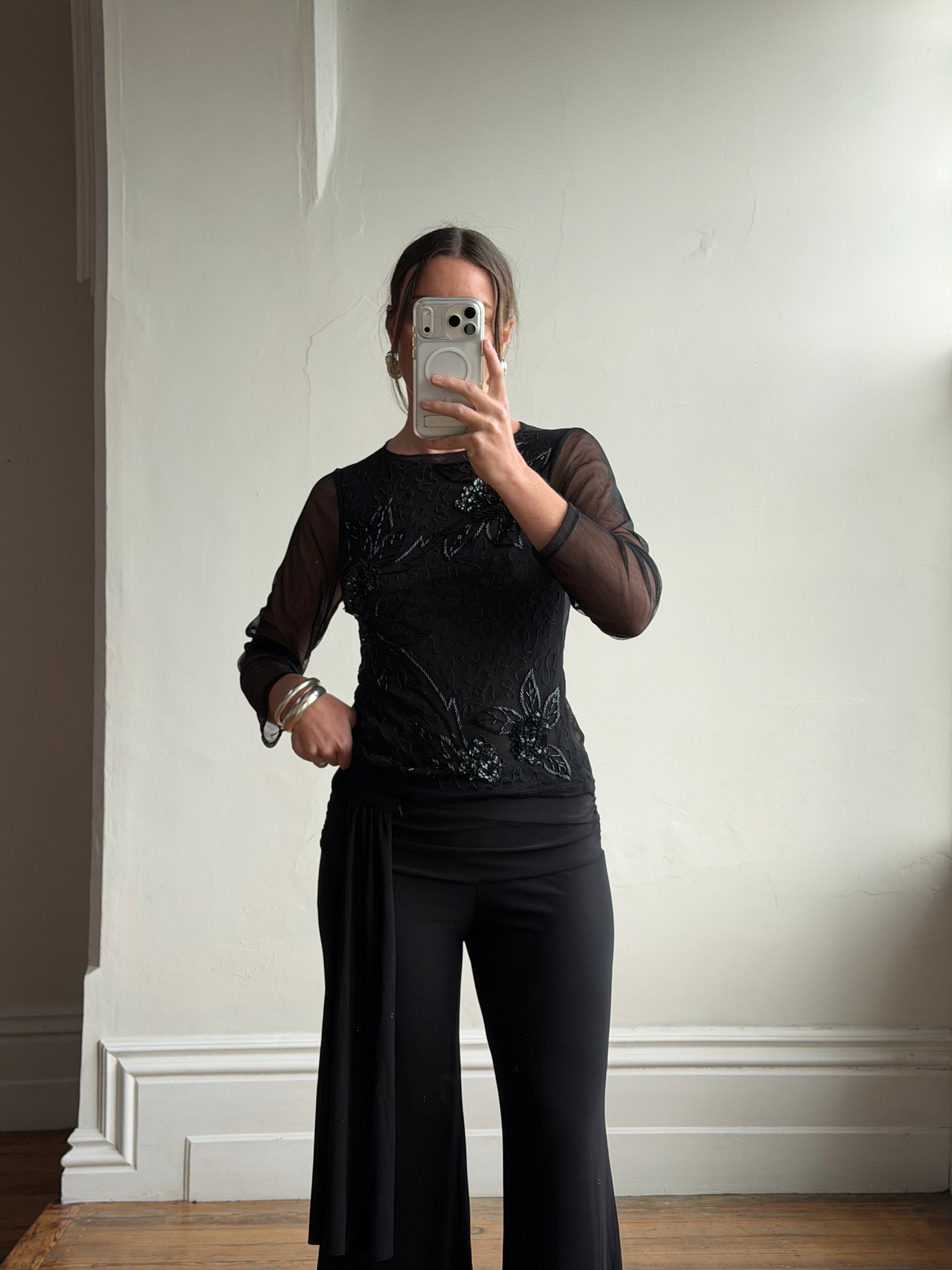 Vintage Beaded Sheer Floral Embroidered Long Sleeved Top