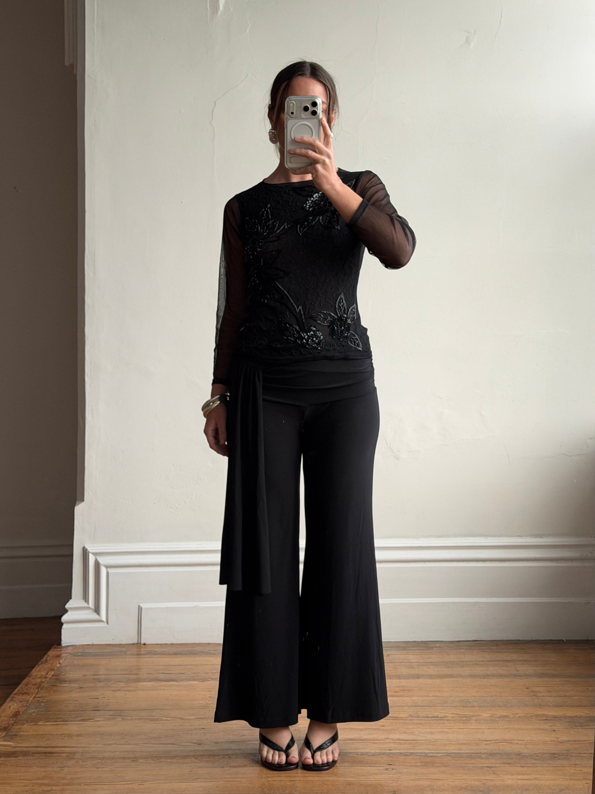 Vintage Beaded Sheer Floral Embroidered Long Sleeved Top