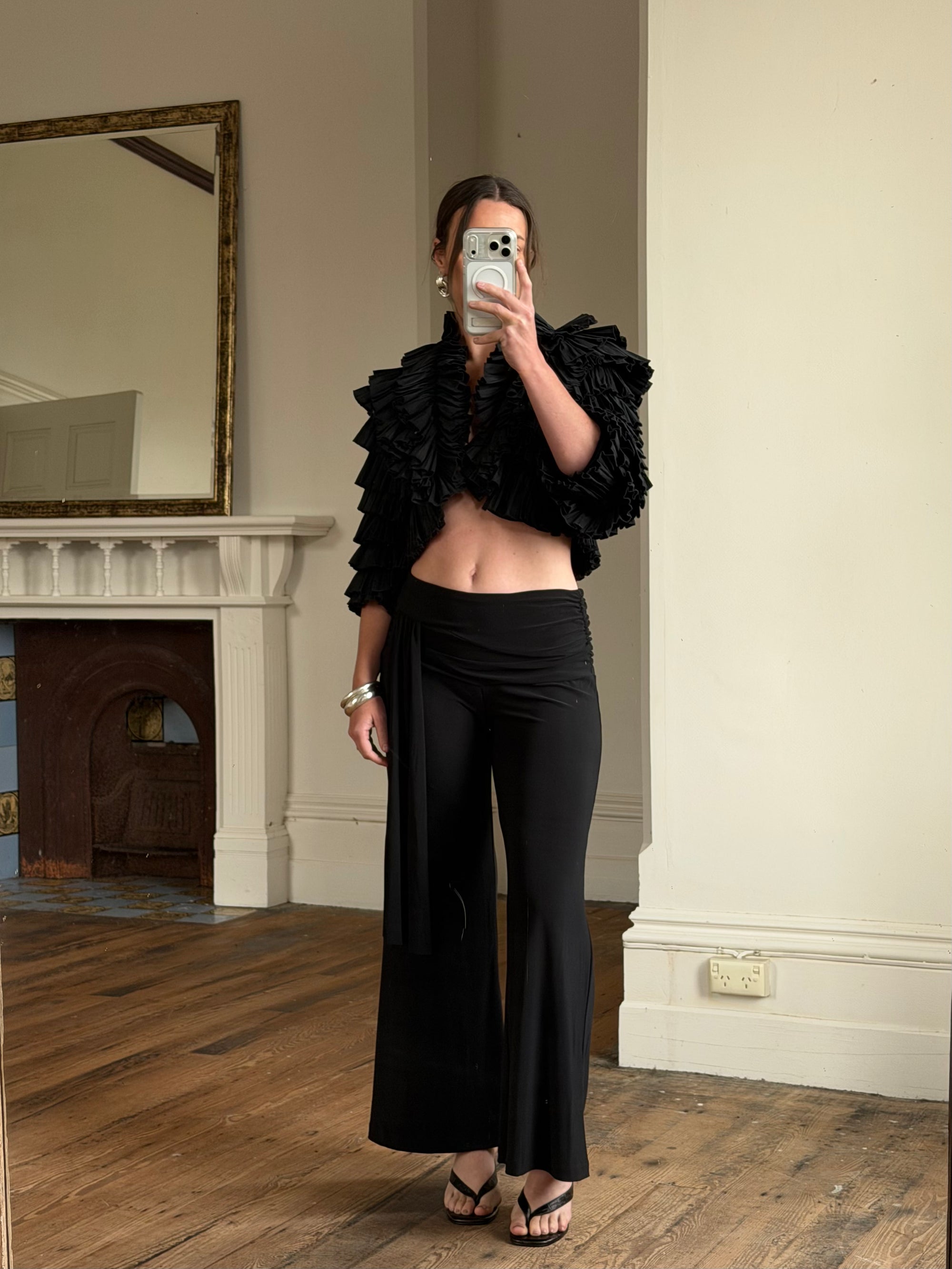 Vintage 90s Accordion Ruffle Frill Cropped Bolero Noir