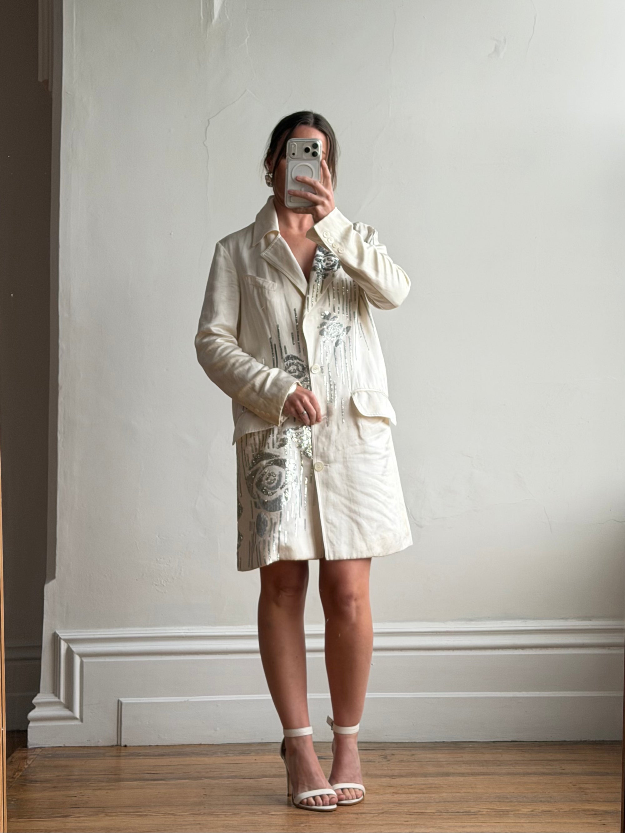 Vintage 2007 John Galliano Metallic Rose Silk Linen Blazer Dress