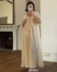 Vintage 70s Creme Lace Embroidered Rose Slip and Robe Set