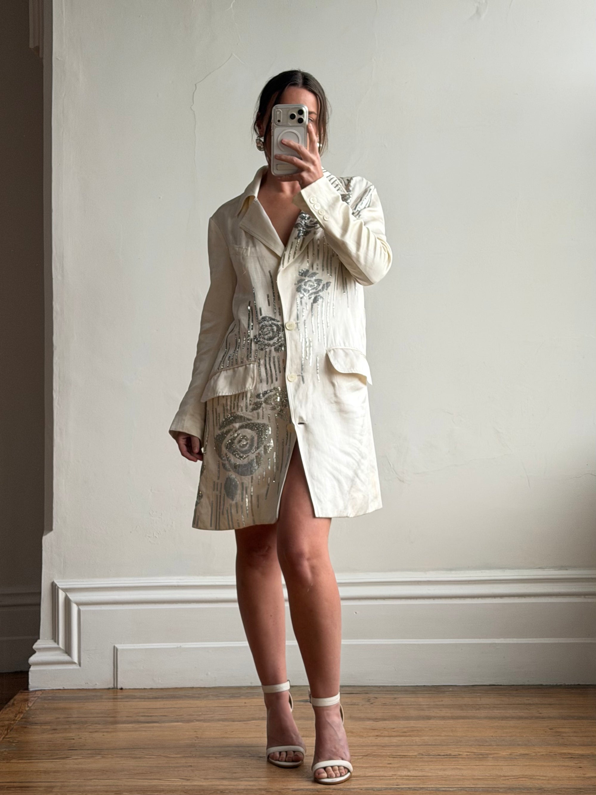 Vintage 2007 John Galliano Metallic Rose Silk Linen Blazer Dress