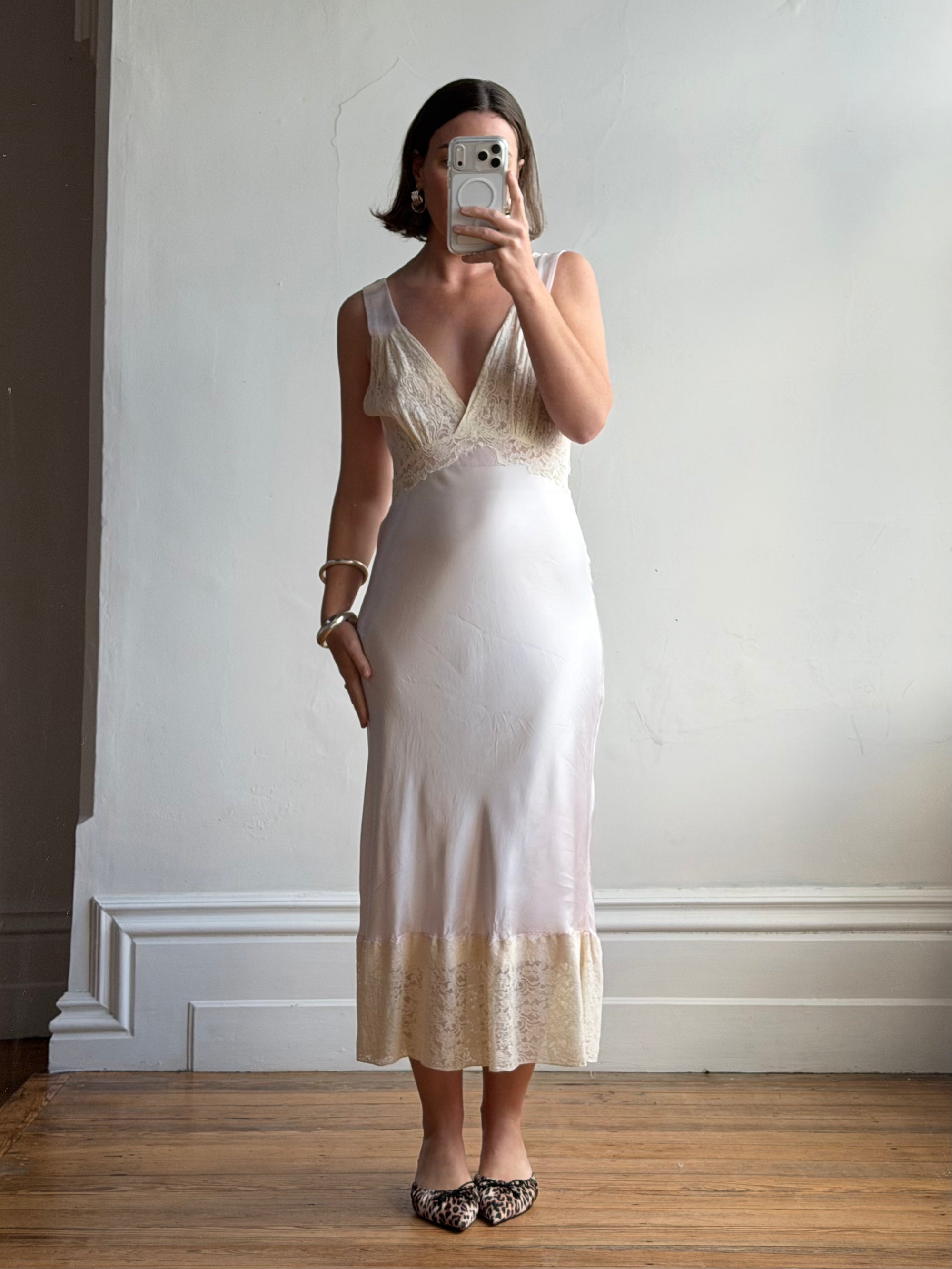 Vintage 40s Liquid Satin Lace Baby Pink Slip