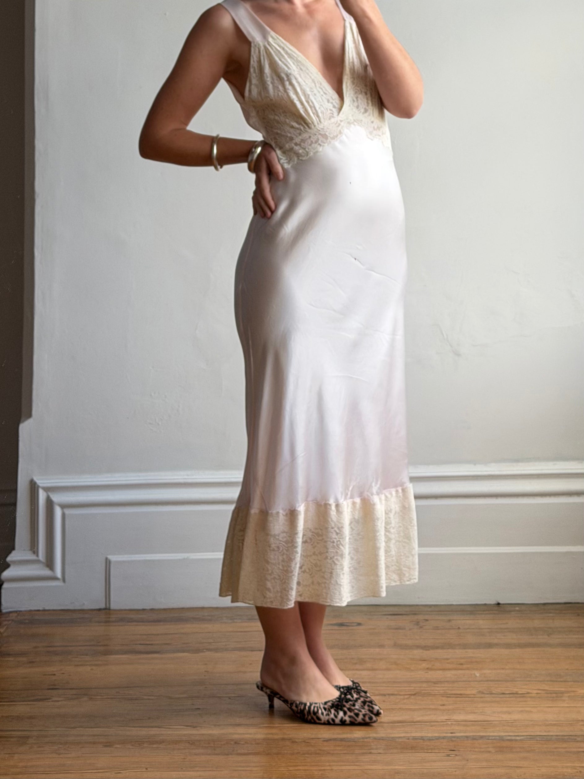 Vintage 40s Liquid Satin Lace Baby Pink Slip