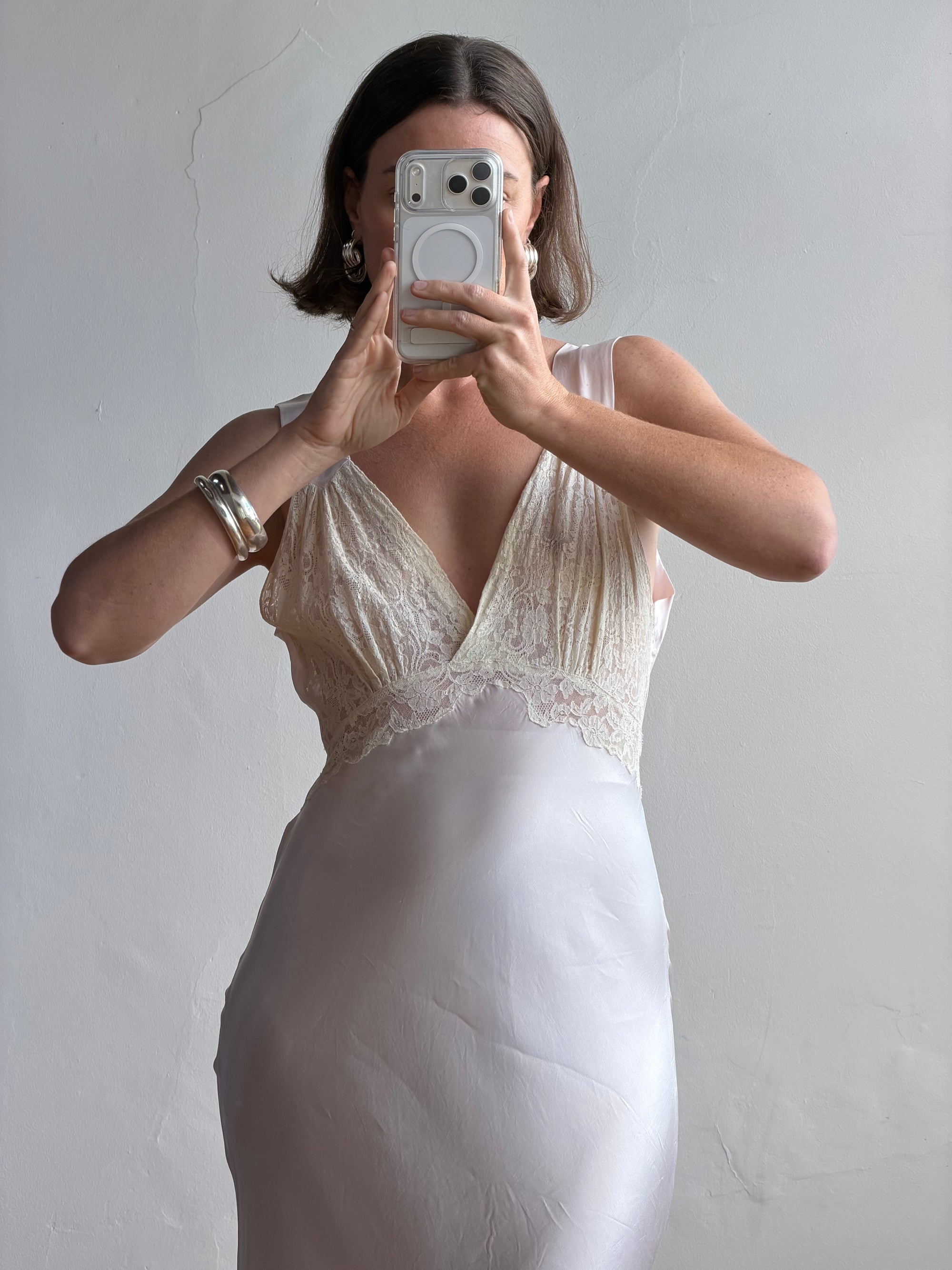Vintage 40s Liquid Satin Lace Baby Pink Slip