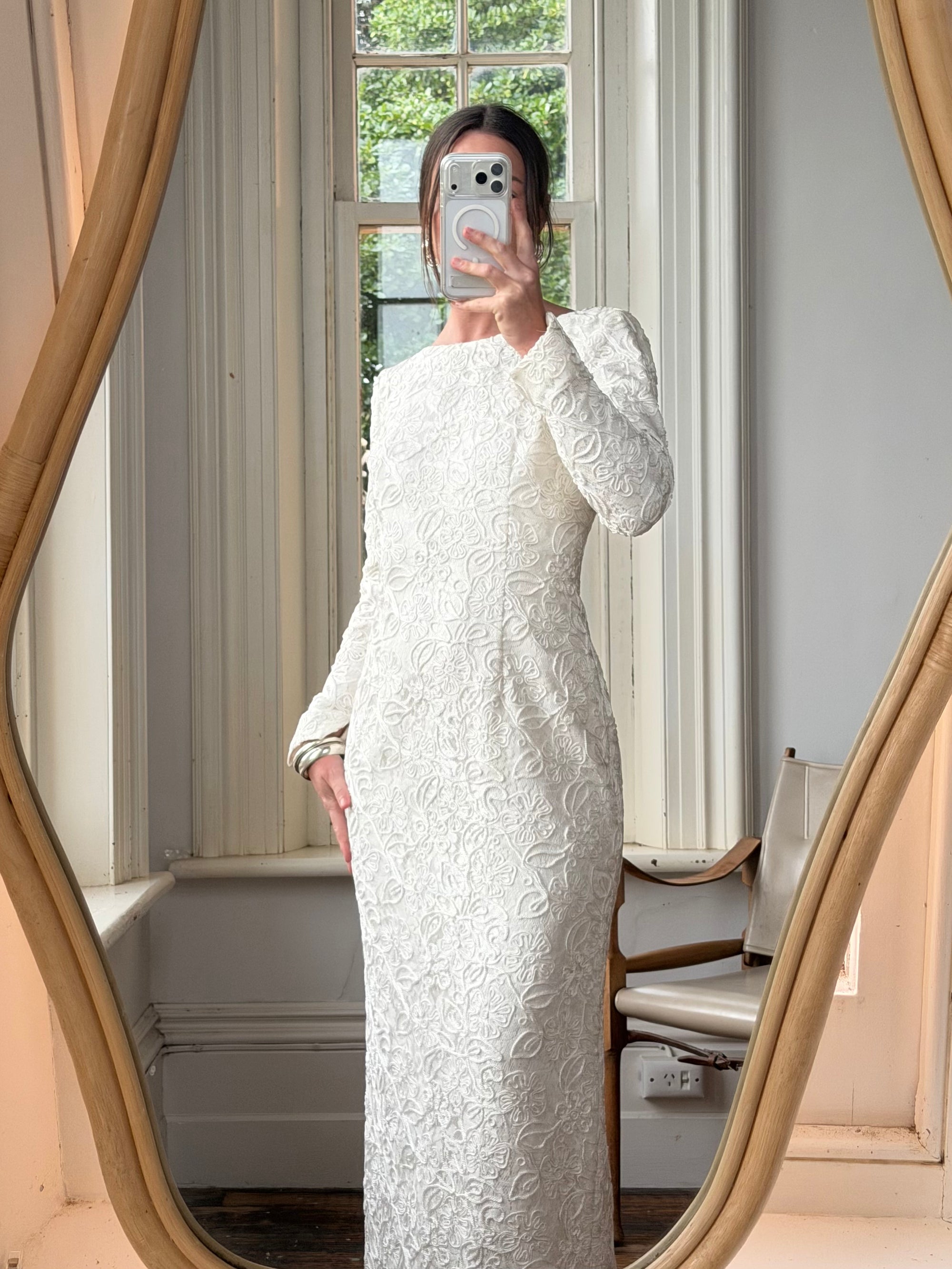 Vintage 90s Rope Embroidered Long Sleeve Open Back Wedding Dress
