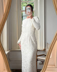 Vintage 90s Rope Embroidered Long Sleeve Open Back Wedding Dress