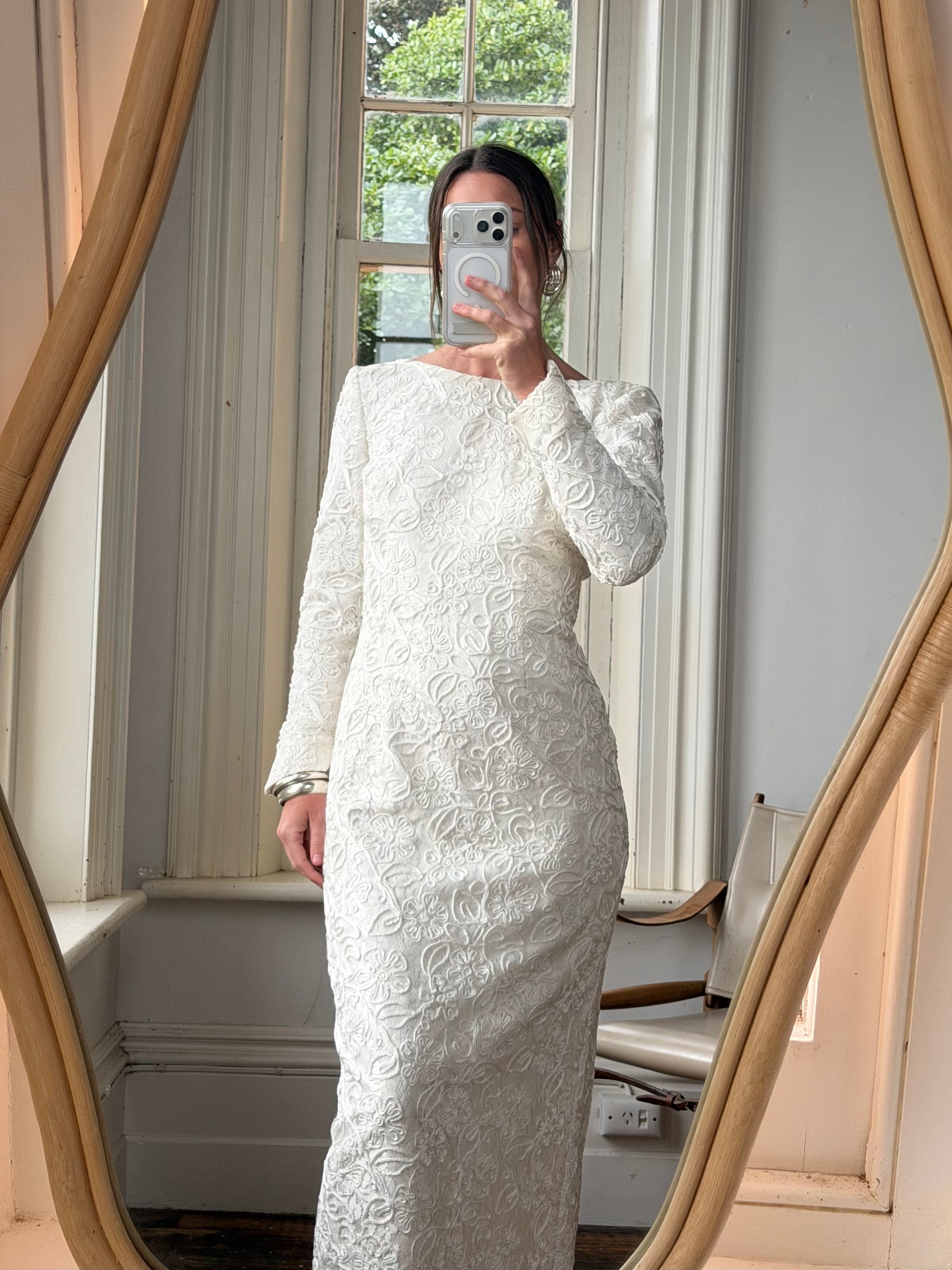 Vintage 90s Rope Embroidered Long Sleeve Open Back Wedding Dress