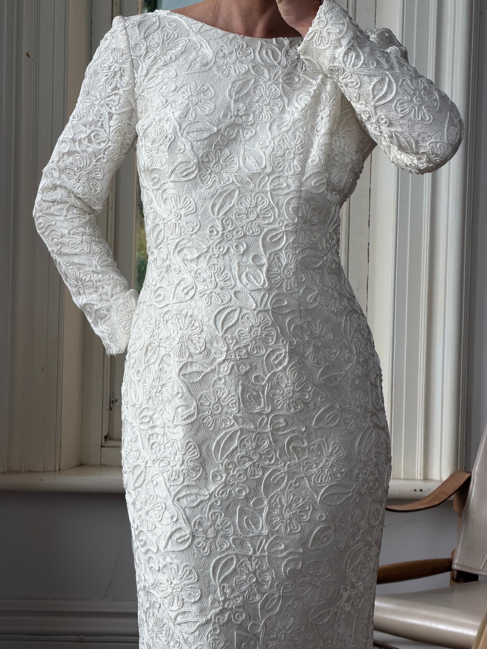 Vintage 90s Rope Embroidered Long Sleeve Open Back Wedding Dress