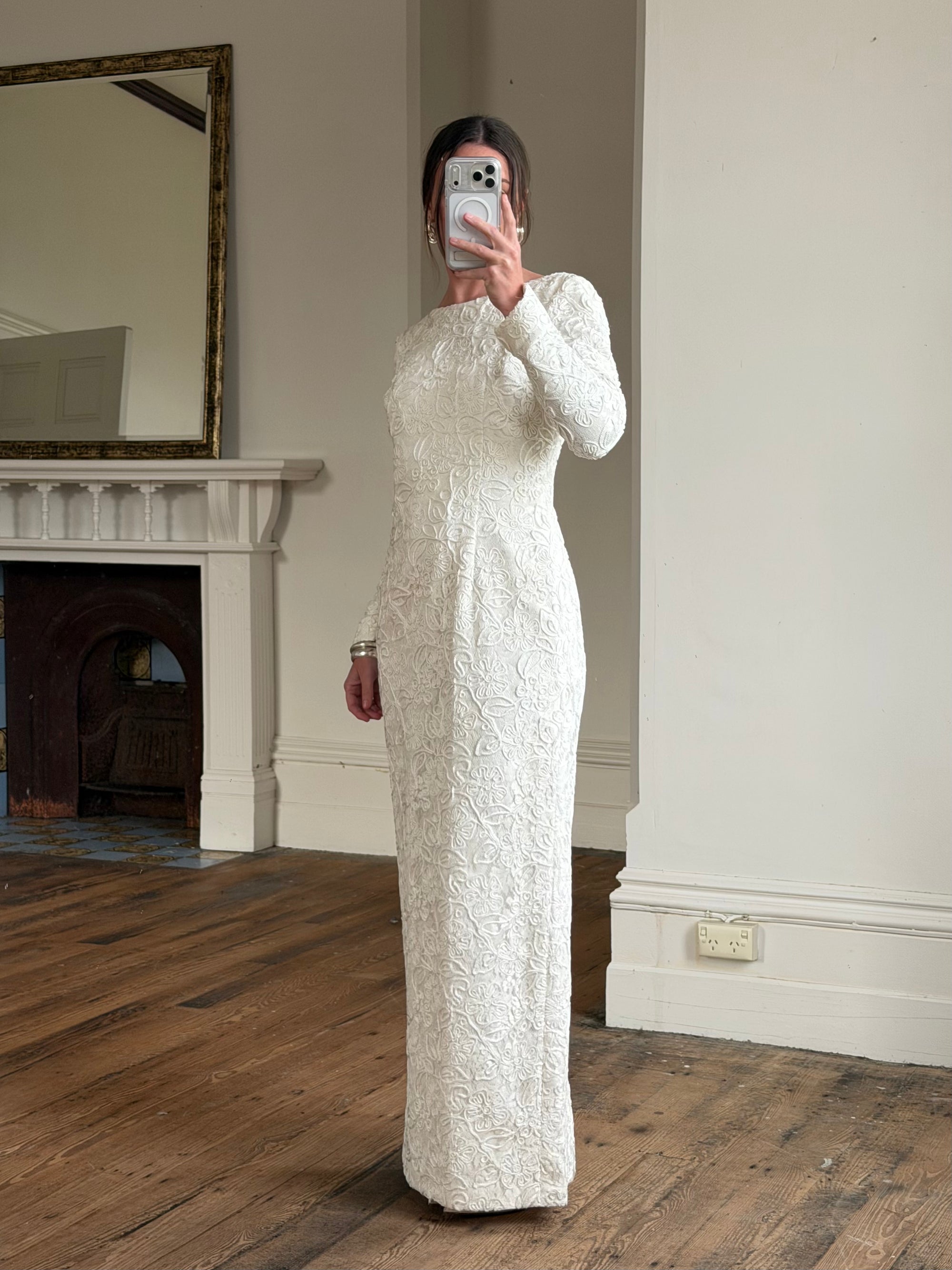 Vintage 90s Rope Embroidered Long Sleeve Open Back Wedding Dress