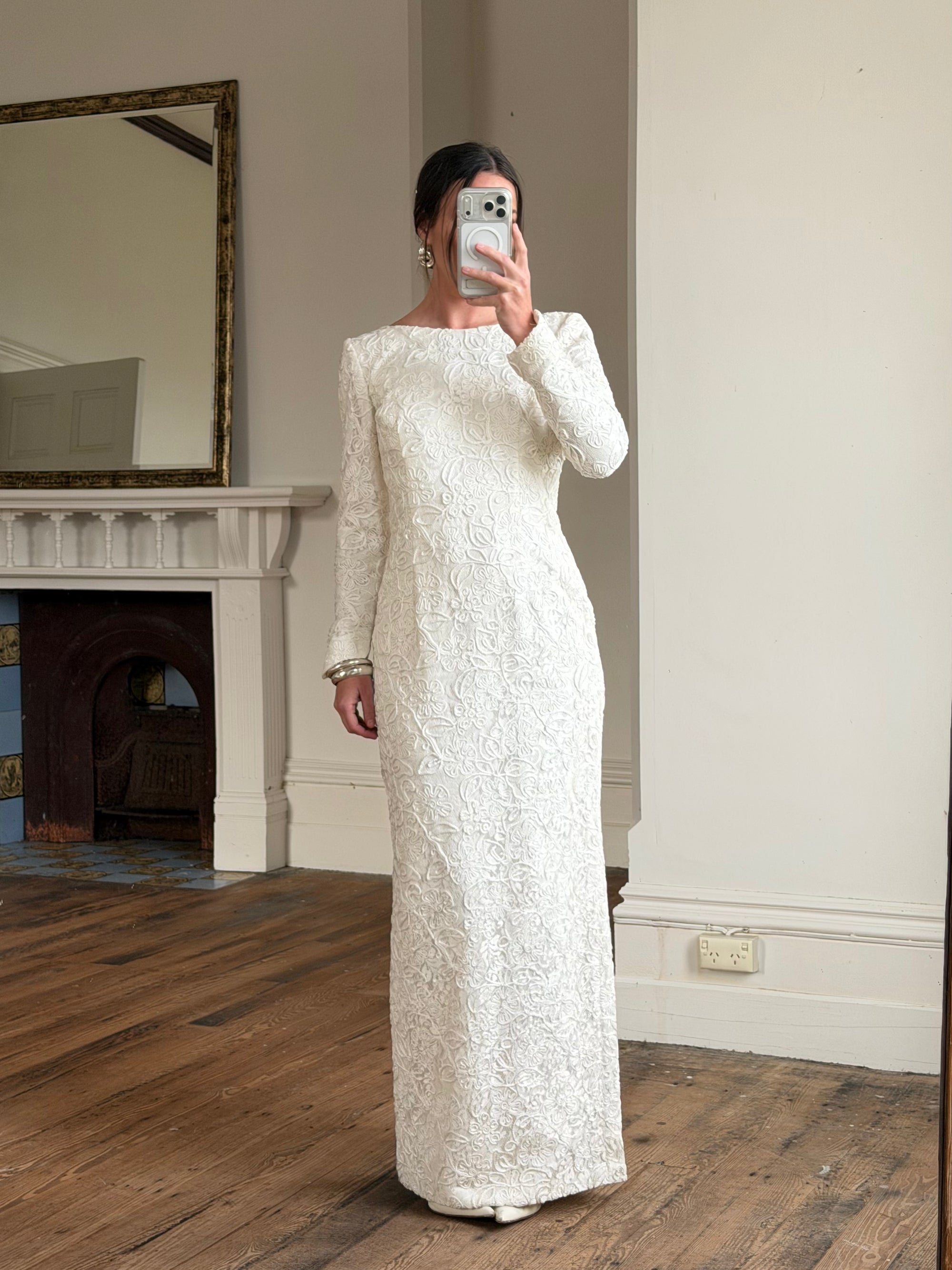Vintage 90s Rope Embroidered Long Sleeve Open Back Wedding Dress