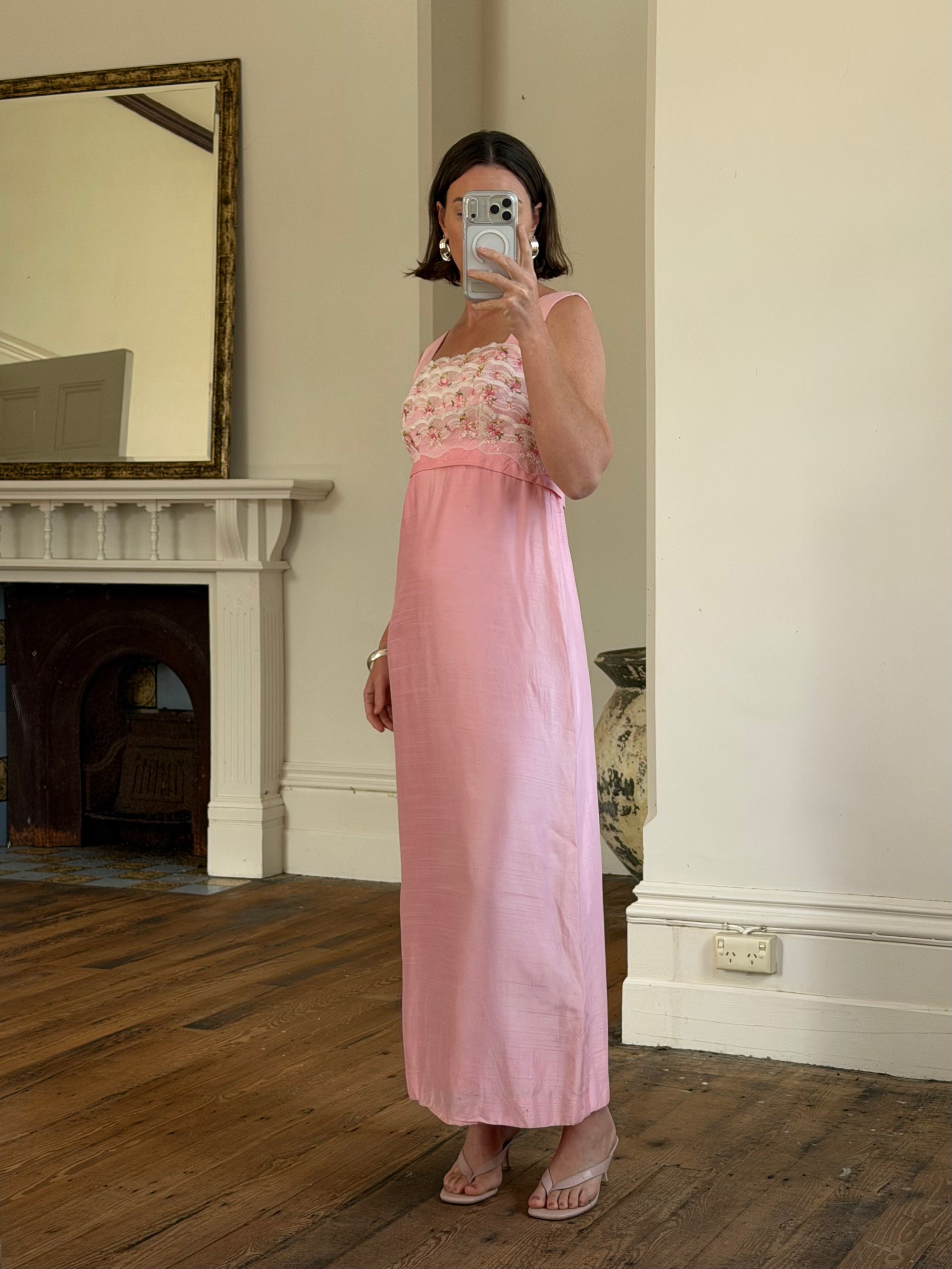 Vintage 60s Lace Ruffled Midi Dress Candy Pink