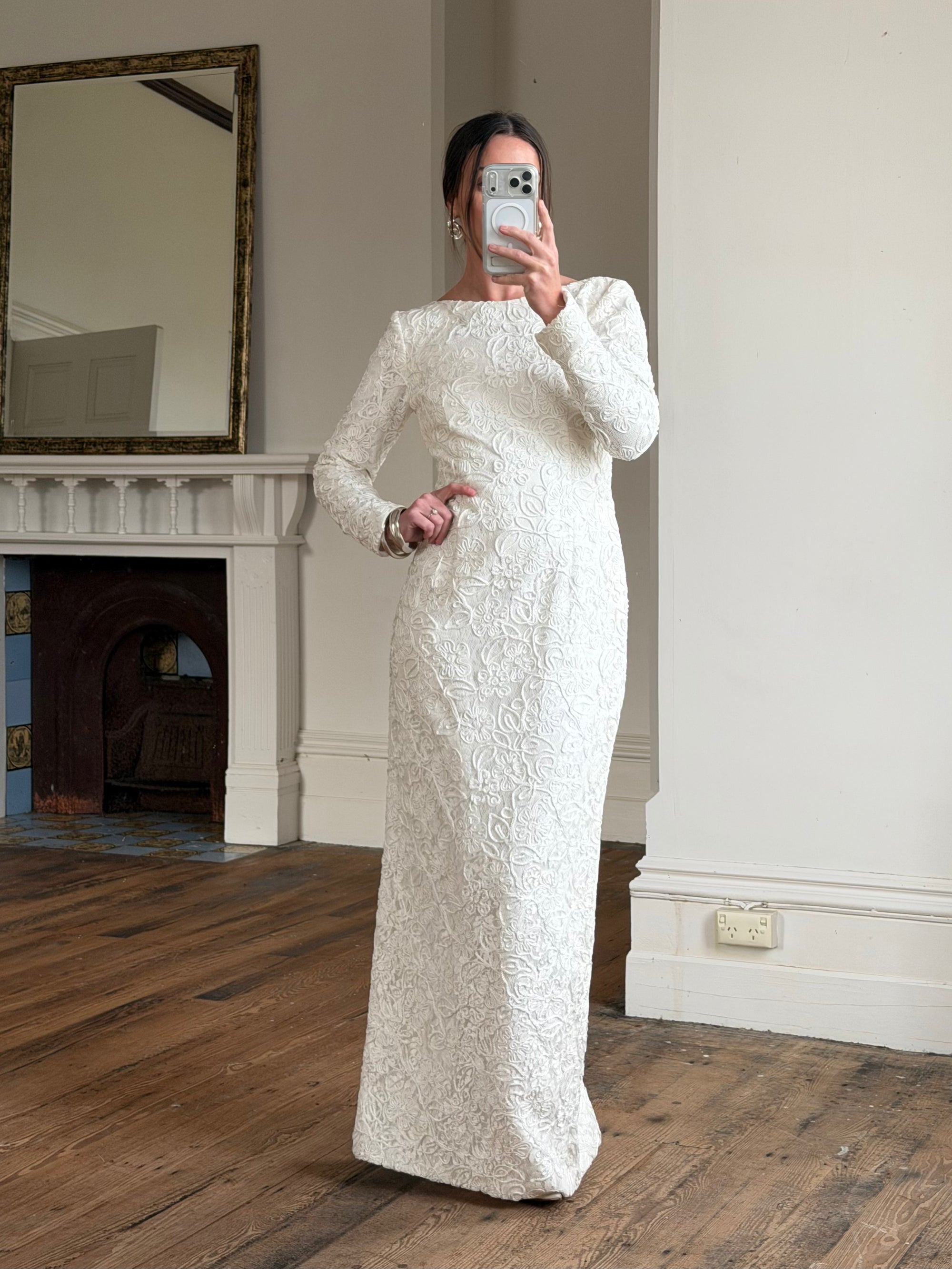 Vintage 90s Rope Embroidered Long Sleeve Open Back Wedding Dress
