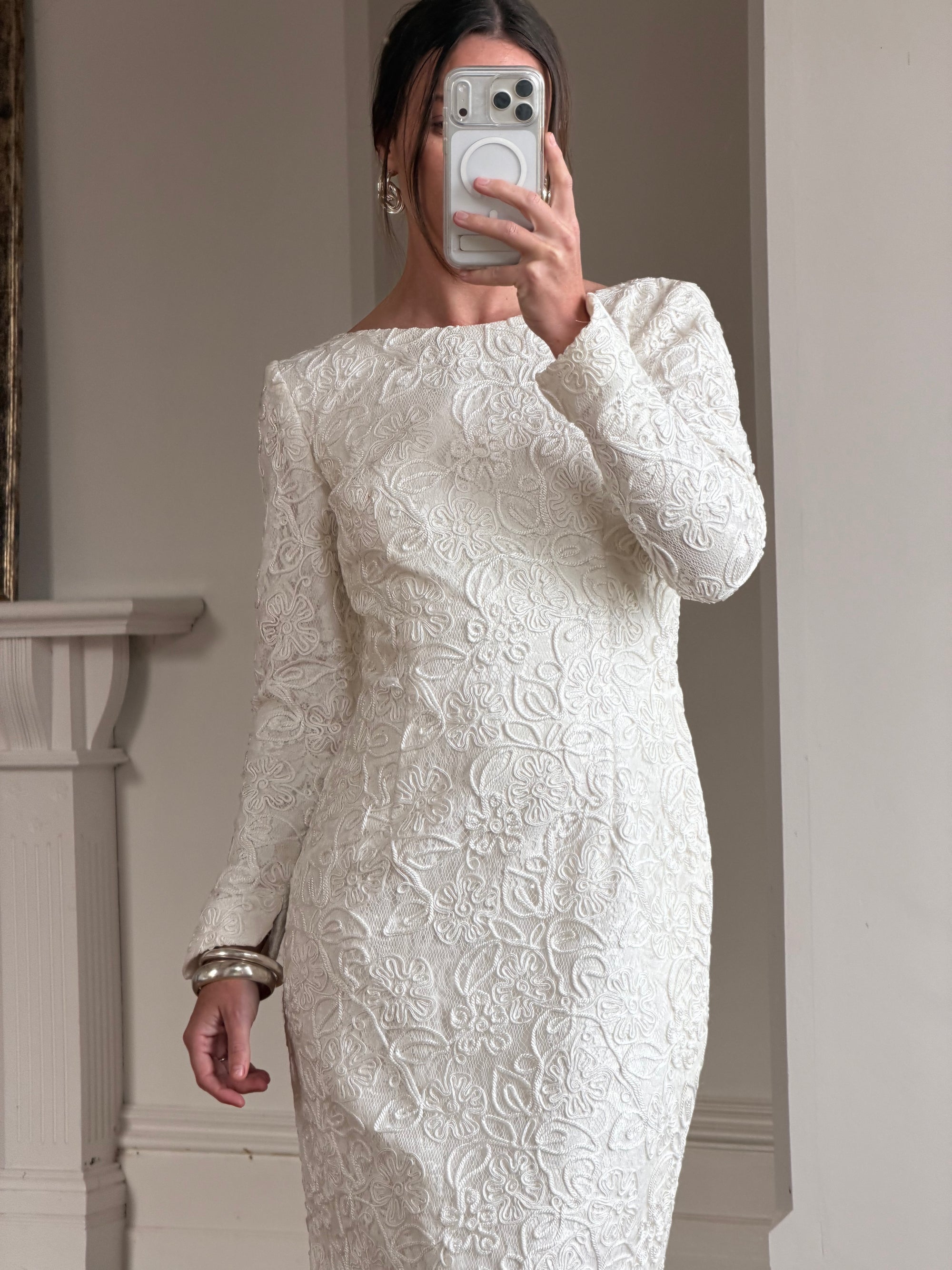 Vintage 90s Rope Embroidered Long Sleeve Open Back Wedding Dress