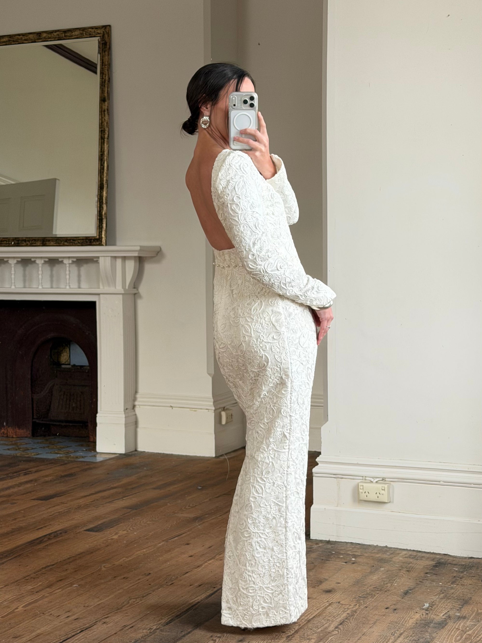 Vintage 90s Rope Embroidered Long Sleeve Open Back Wedding Dress